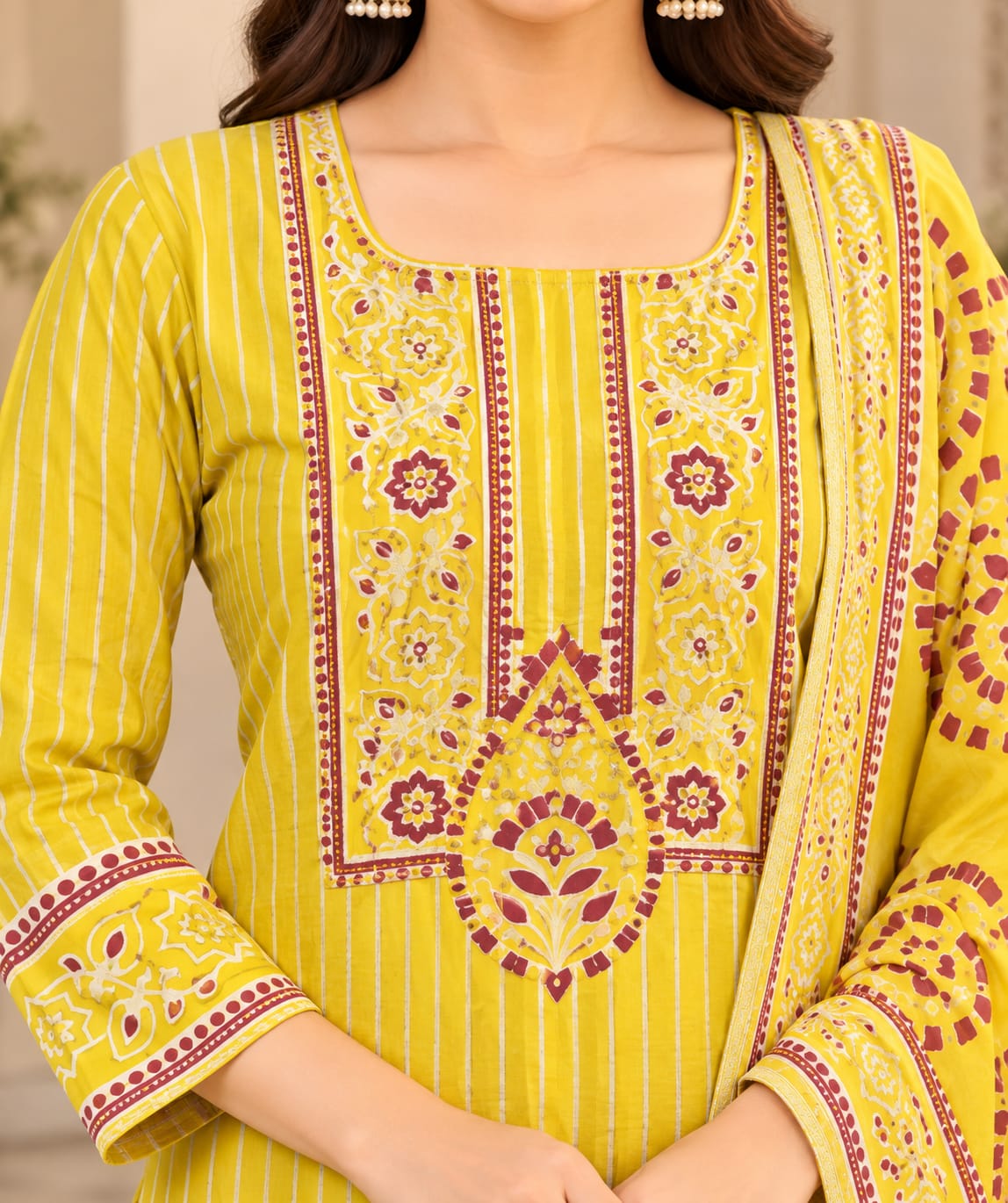 Women’s Mustard Yellow Printed Unstitched Salwar Suit Set with Maroon Ethnic Motifs & Matching Designer Dupatta | 3-Piece Dress Material