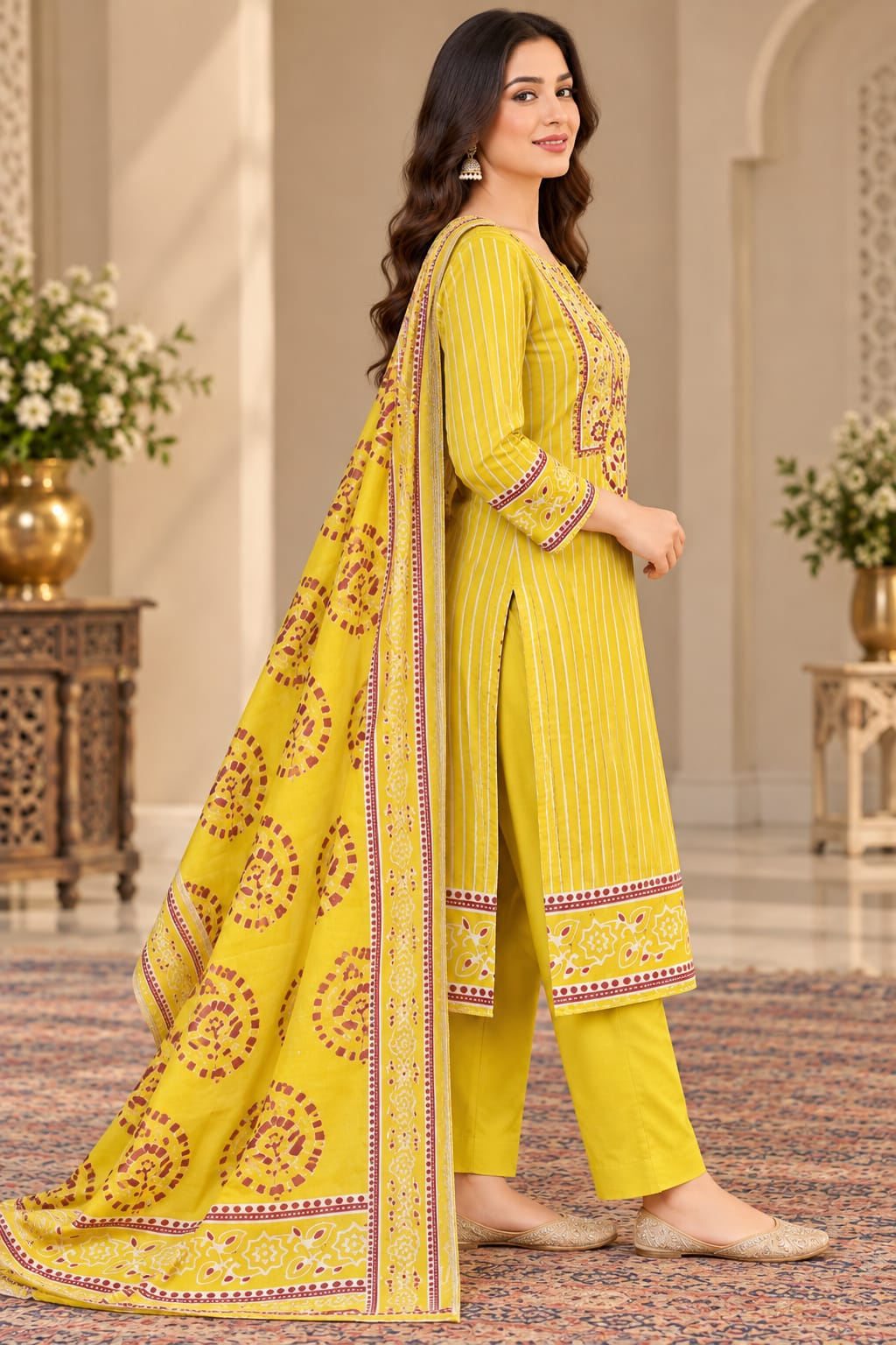Women’s Mustard Yellow Printed Unstitched Salwar Suit Set with Maroon Ethnic Motifs & Matching Designer Dupatta | 3-Piece Dress Material