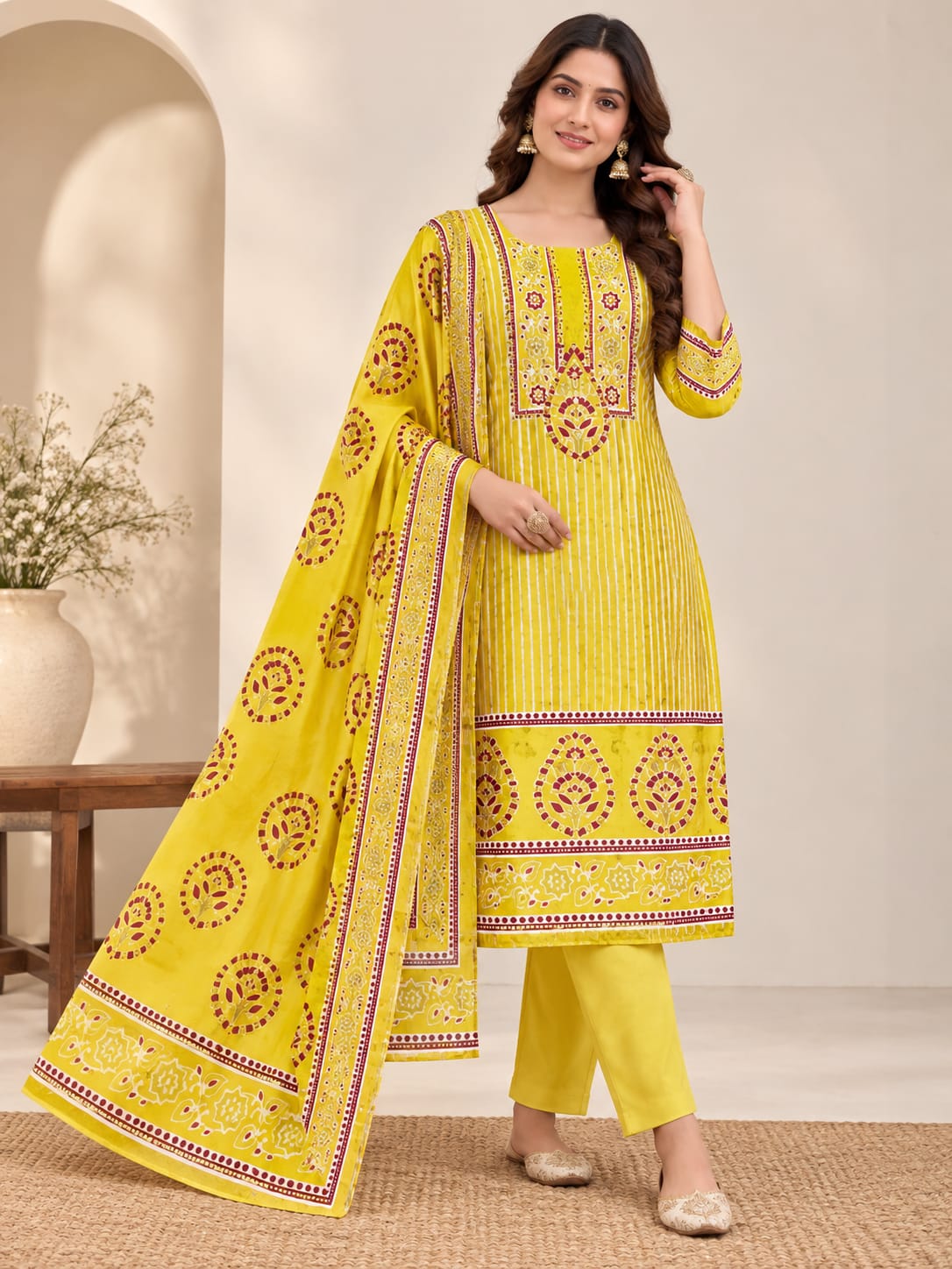 Women’s Mustard Yellow Printed Unstitched Salwar Suit Set with Maroon Ethnic Motifs & Matching Designer Dupatta | 3-Piece Dress Material