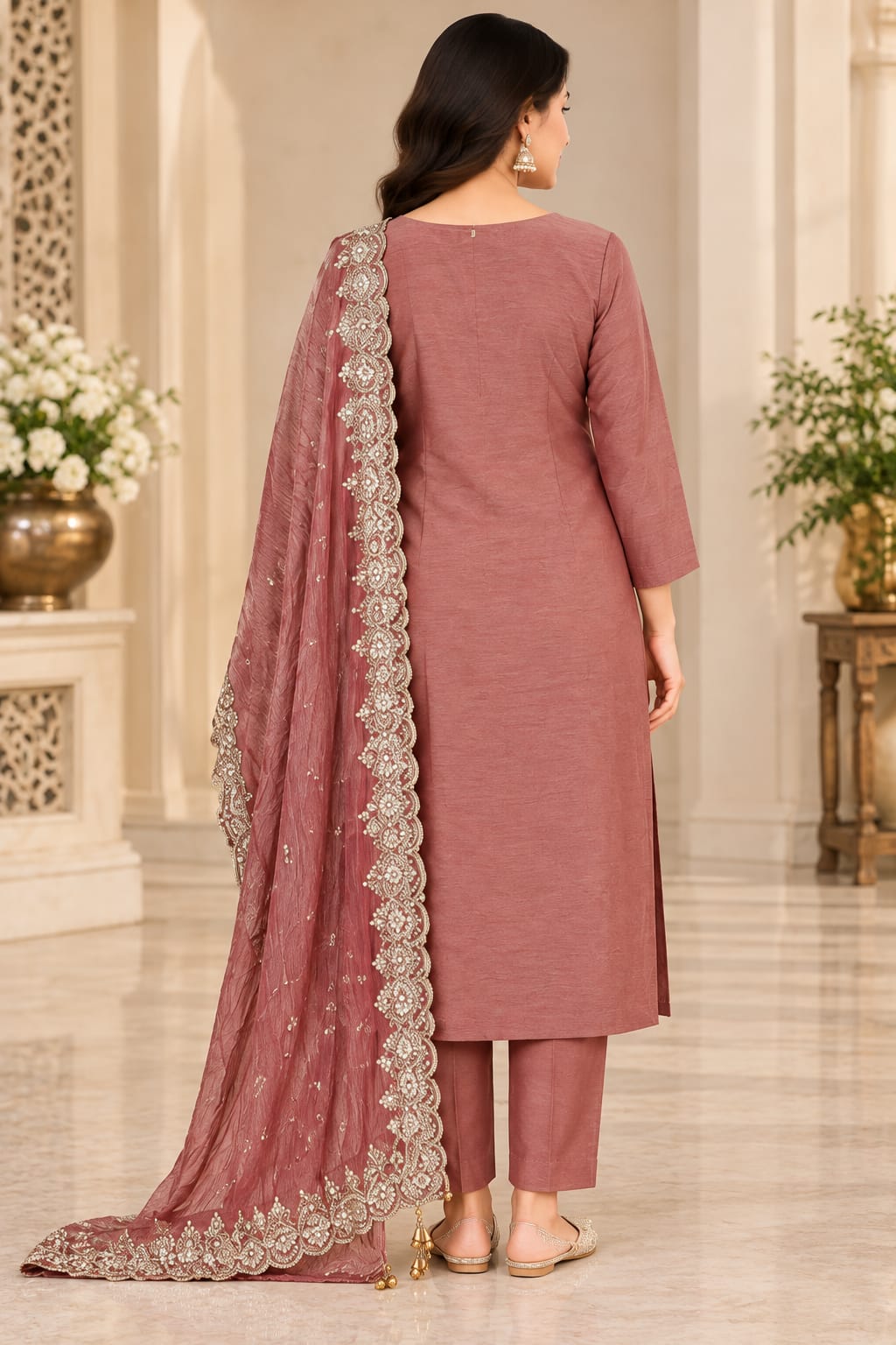 A woman models a three-piece salwar kameez suit in dusty rose with intricate silver embroidery. The set includes a long kurta, matching trousers, and a sheer dupatta draped over her shoulder, set against an elegant indoor background.