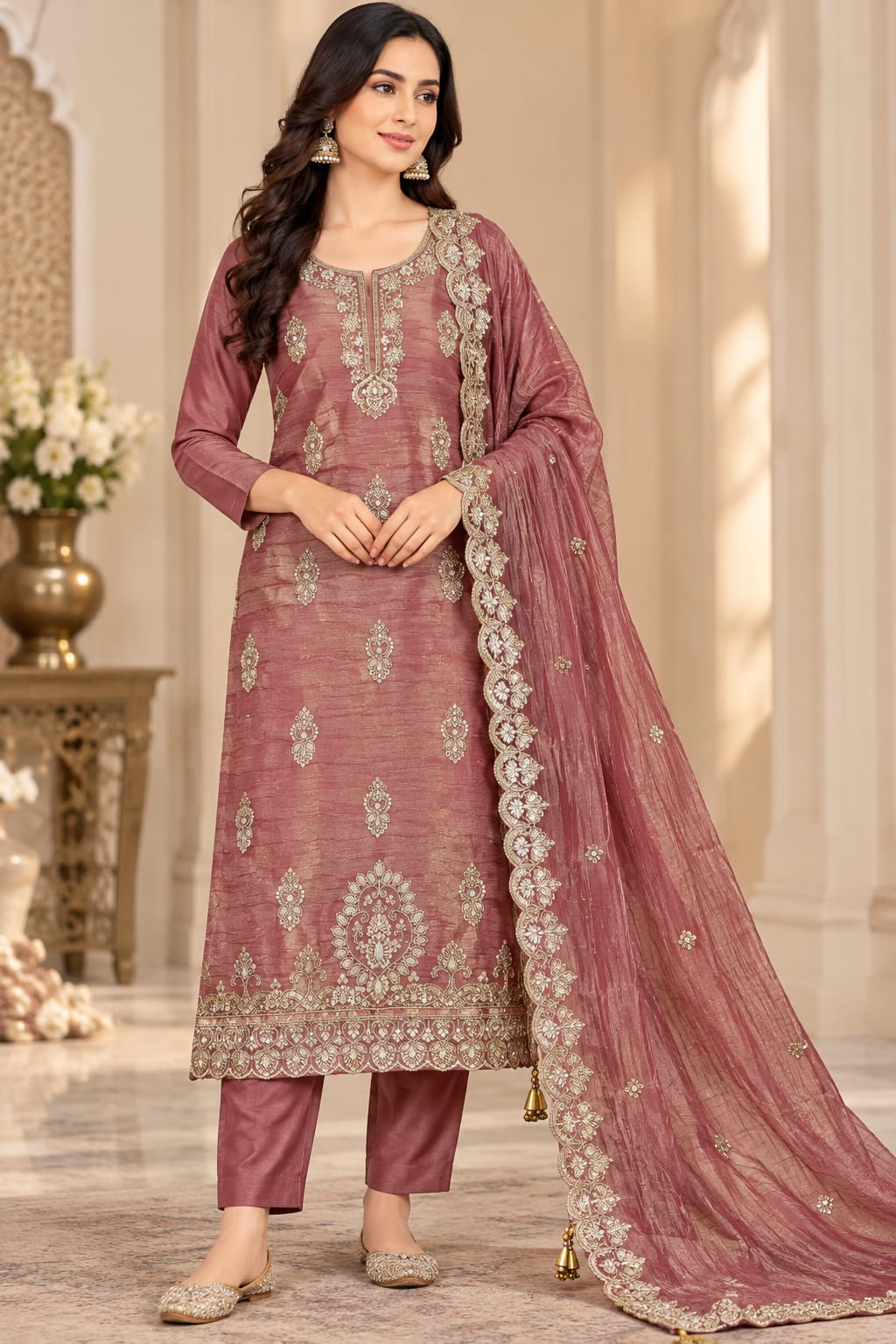 A woman models a three-piece salwar kameez suit in dusty rose with intricate silver embroidery. The set includes a long kurta, matching trousers, and a sheer dupatta draped over her shoulder, set against an elegant indoor background.