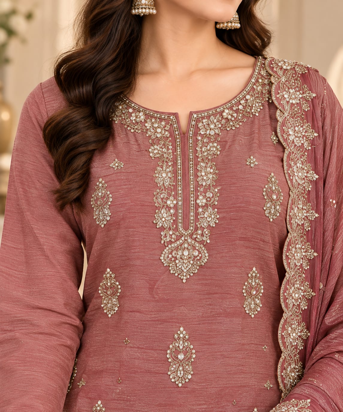 A woman models a three-piece salwar kameez suit in dusty rose with intricate silver embroidery. The set includes a long kurta, matching trousers, and a sheer dupatta draped over her shoulder, set against an elegant indoor background.