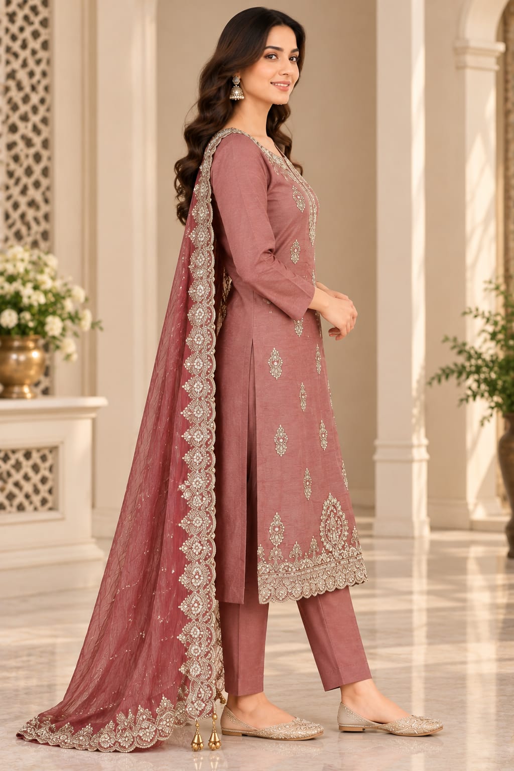 A woman models a three-piece salwar kameez suit in dusty rose with intricate silver embroidery. The set includes a long kurta, matching trousers, and a sheer dupatta draped over her shoulder, set against an elegant indoor background.