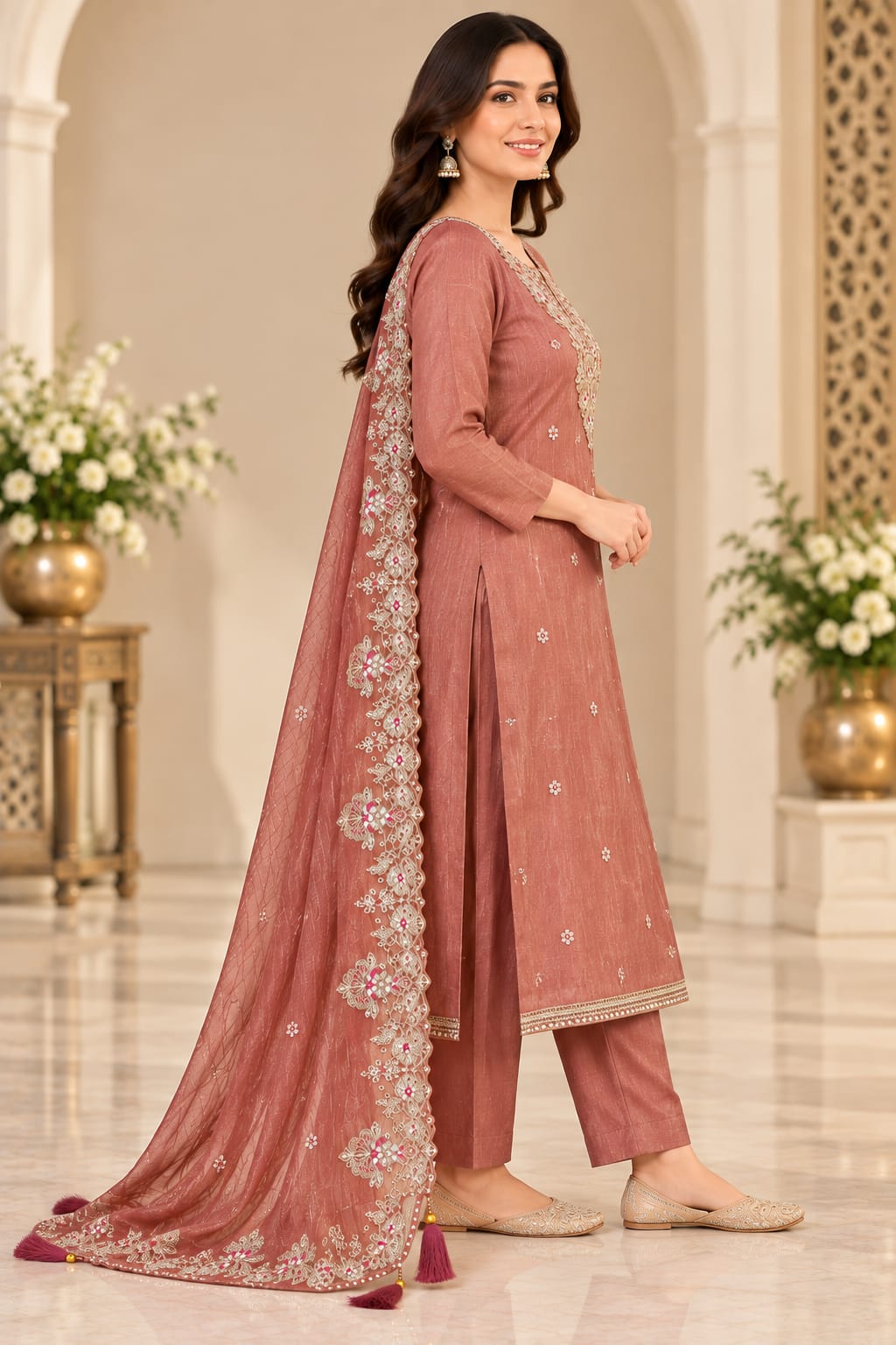 Women’s Nude Pink Designer Embroidered Unstitched Suit Set with Heavy Work Dupatta | Festive Wear 3-Piece Dress Material