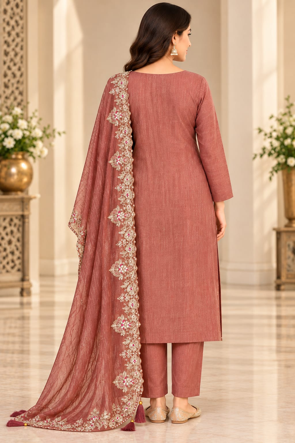 Women’s Nude Pink Designer Embroidered Unstitched Suit Set with Heavy Work Dupatta | Festive Wear 3-Piece Dress Material
