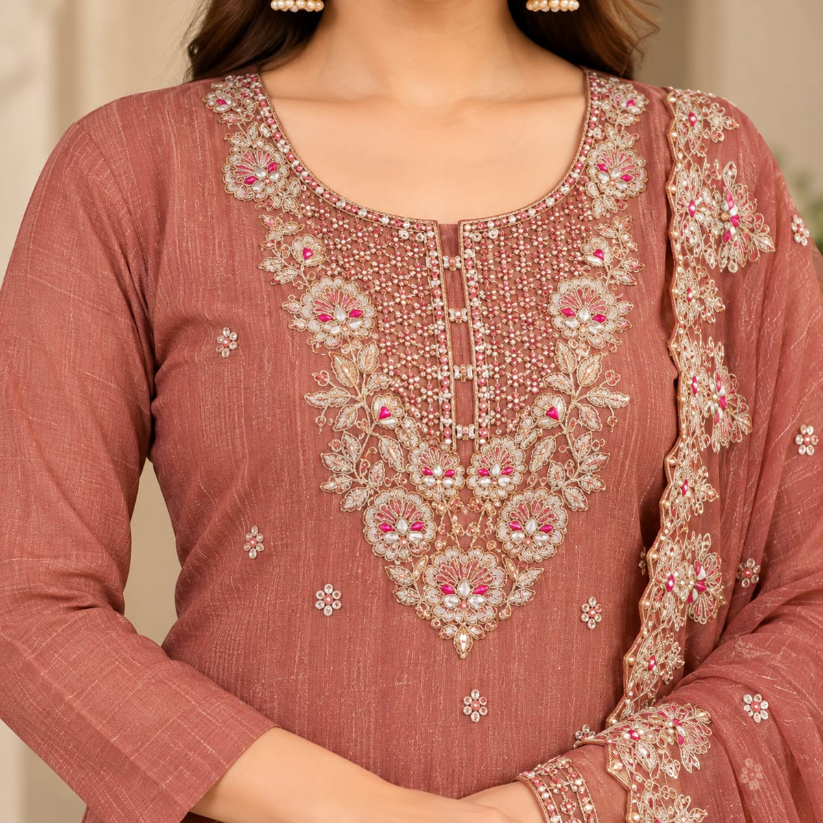 Women’s Nude Pink Designer Embroidered Unstitched Suit Set with Heavy Work Dupatta | Festive Wear 3-Piece Dress Material