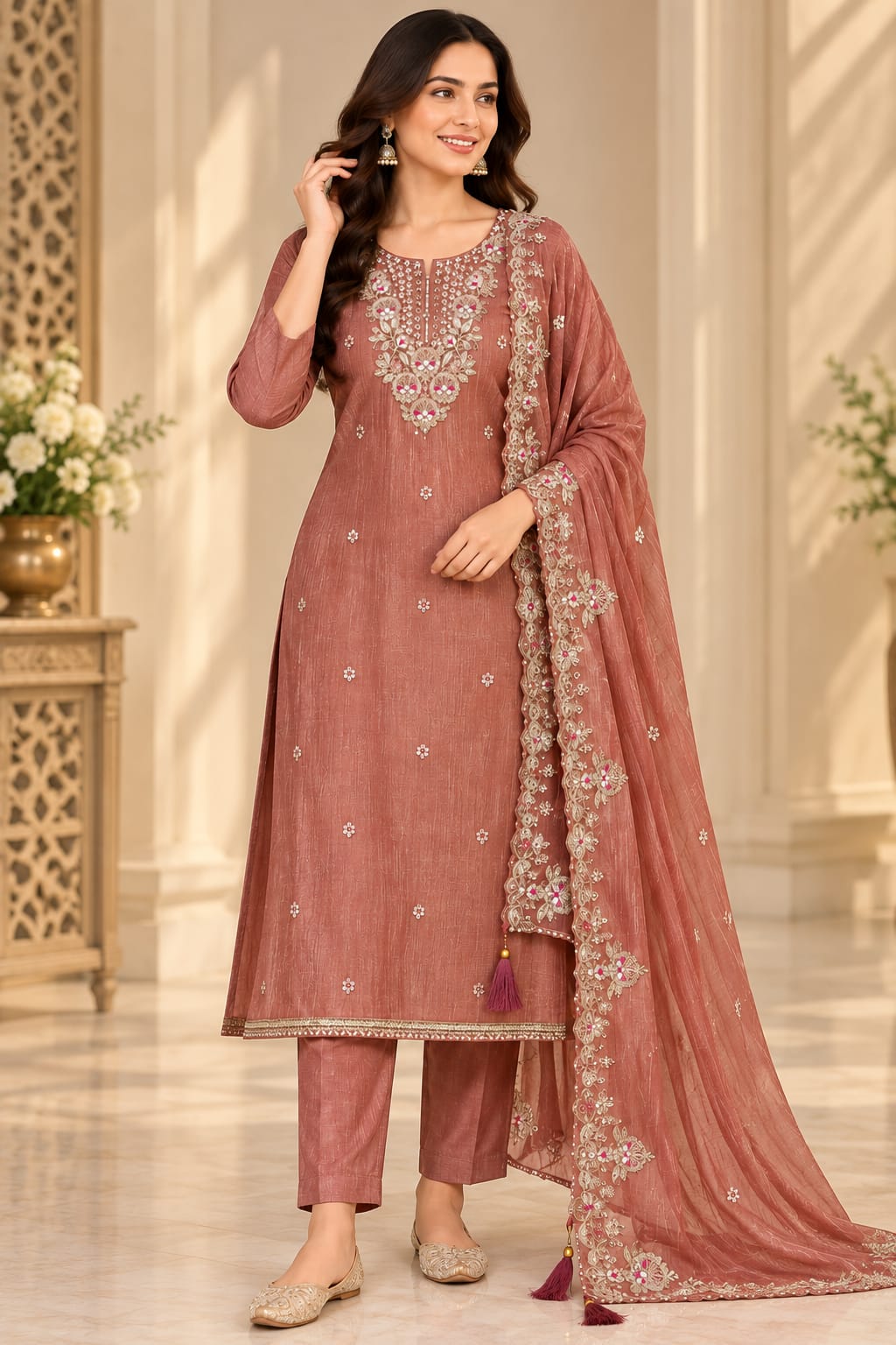 Women’s Nude Pink Designer Embroidered Unstitched Suit Set with Heavy Work Dupatta | Festive Wear 3-Piece Dress Material