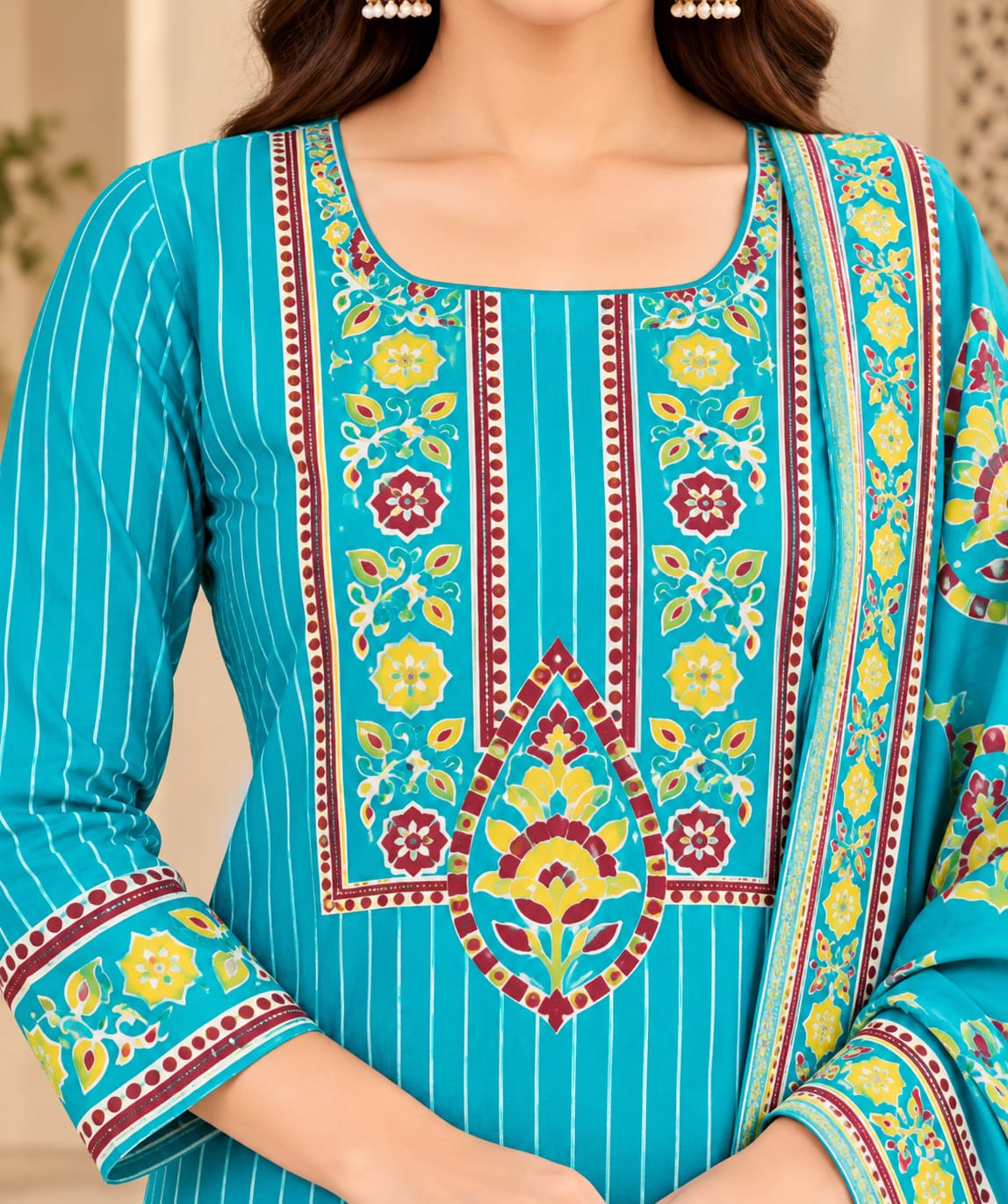 Turquoise Blue Printed Unstitched Suit Set with Designer Dupatta | Ethnic Wear Suit for Women