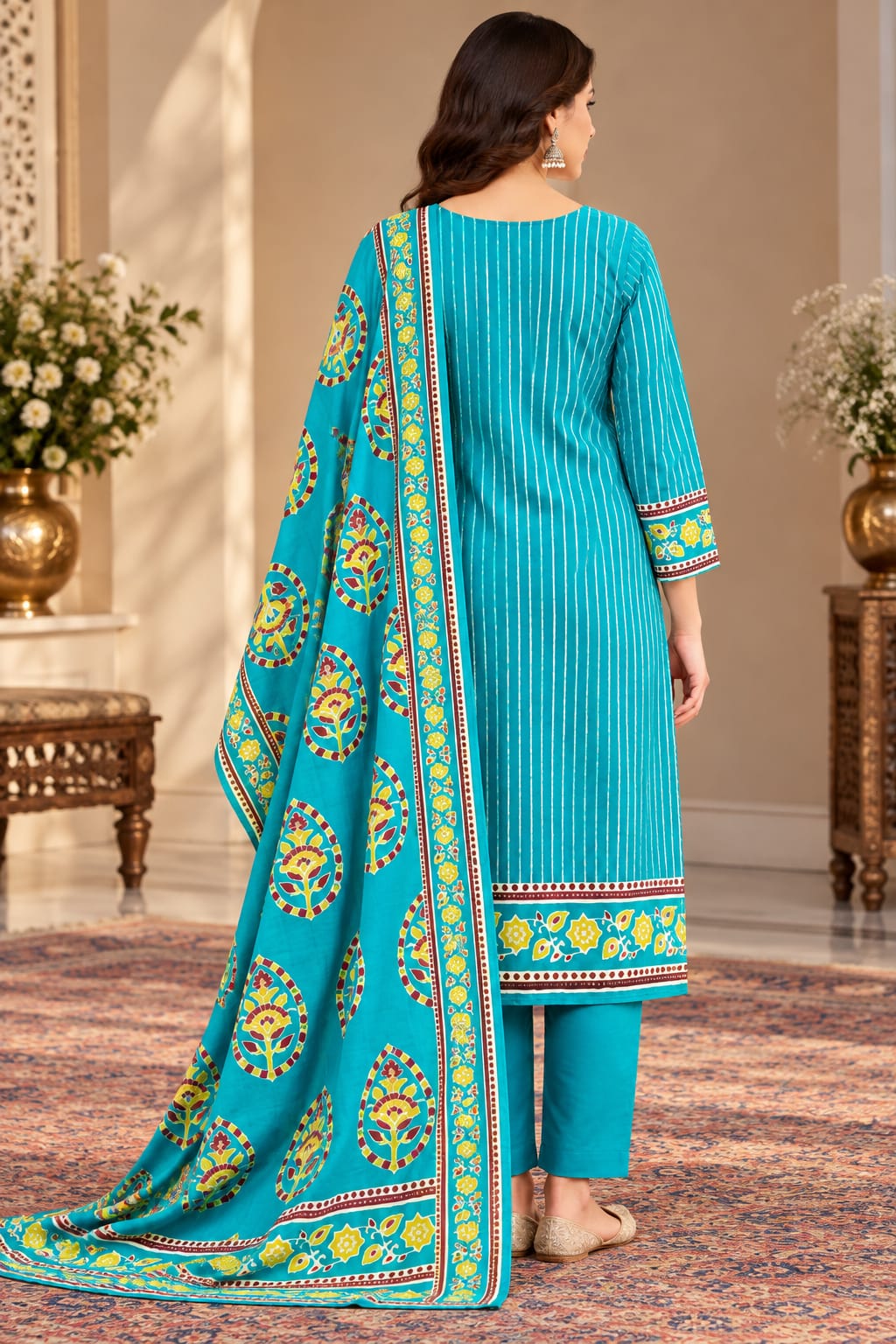 Turquoise Blue Printed Unstitched Suit Set with Designer Dupatta | Ethnic Wear Suit for Women