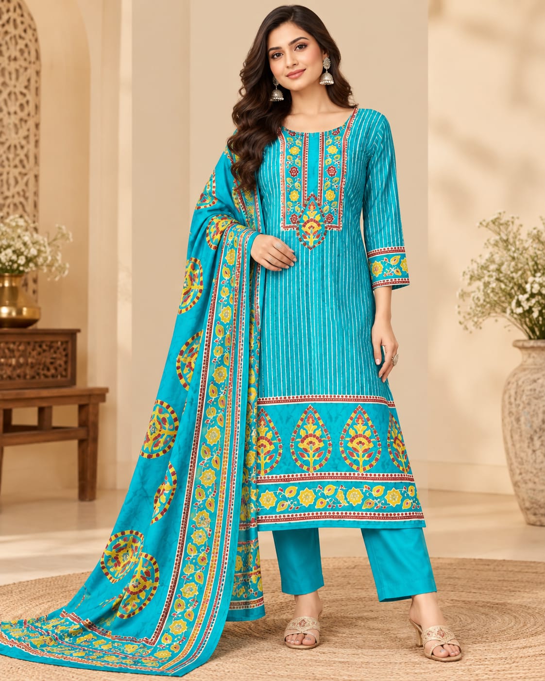 Turquoise Blue Printed Unstitched Suit Set with Designer Dupatta | Ethnic Wear Suit for Women