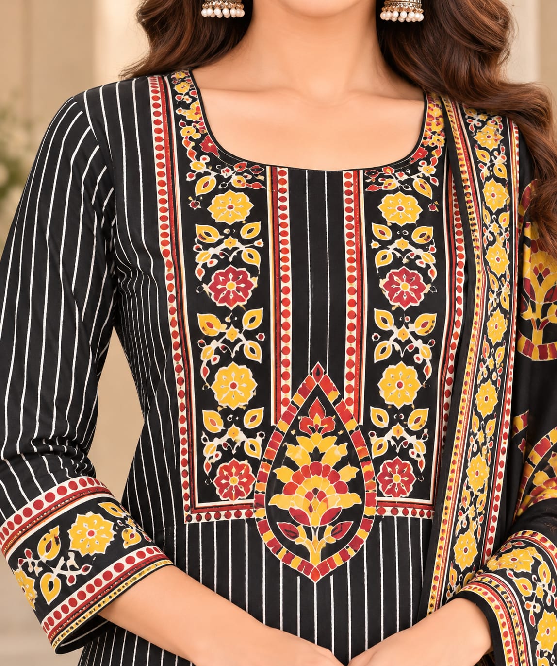 A woman models a black three-piece salwar kameez suit set with vertical white stripes, yellow and gold floral embroidery, and a matching dupatta draped over her shoulder in an indoor setting.
