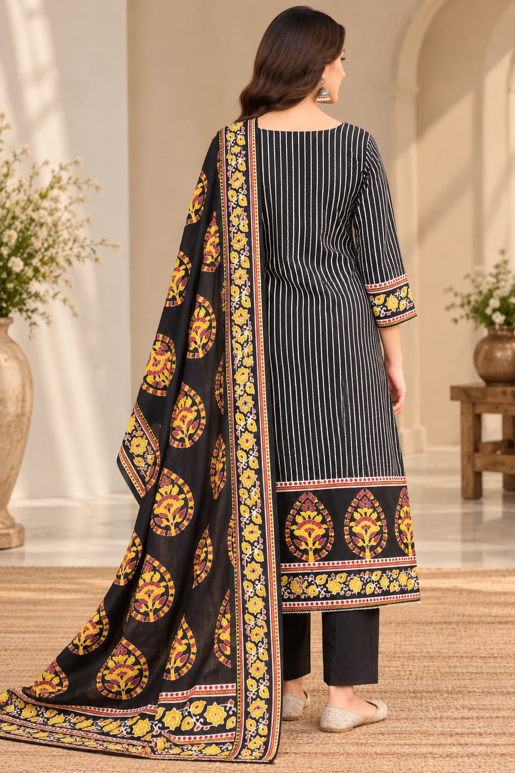 A woman models a black three-piece salwar kameez suit set with vertical white stripes, yellow and gold floral embroidery, and a matching dupatta draped over her shoulder in an indoor setting.