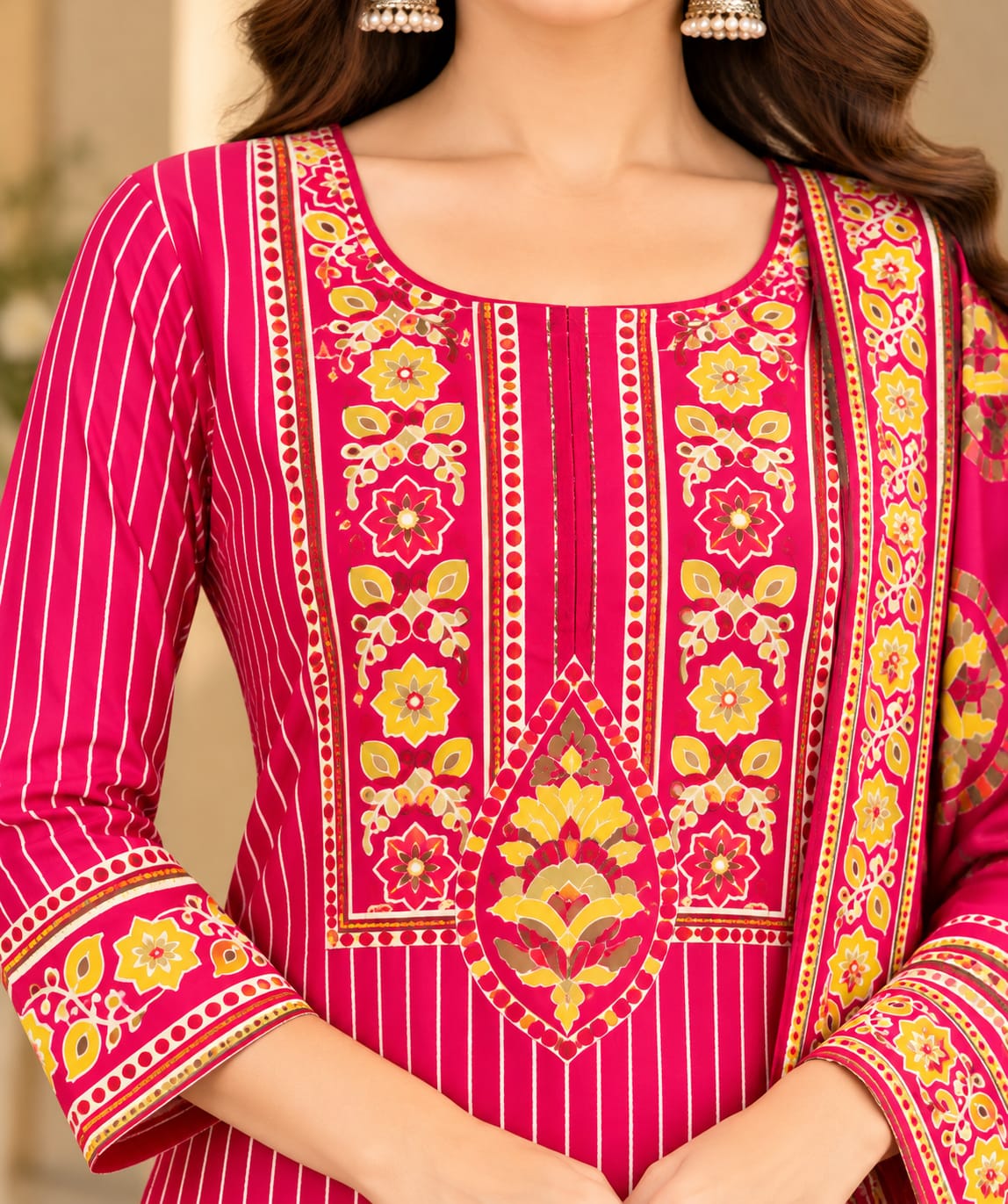 A woman models a bright pink traditional Indian salwar kameez suit with vertical stripes, gold and yellow floral embroidery, and a matching dupatta, set against a warm beige interior background.