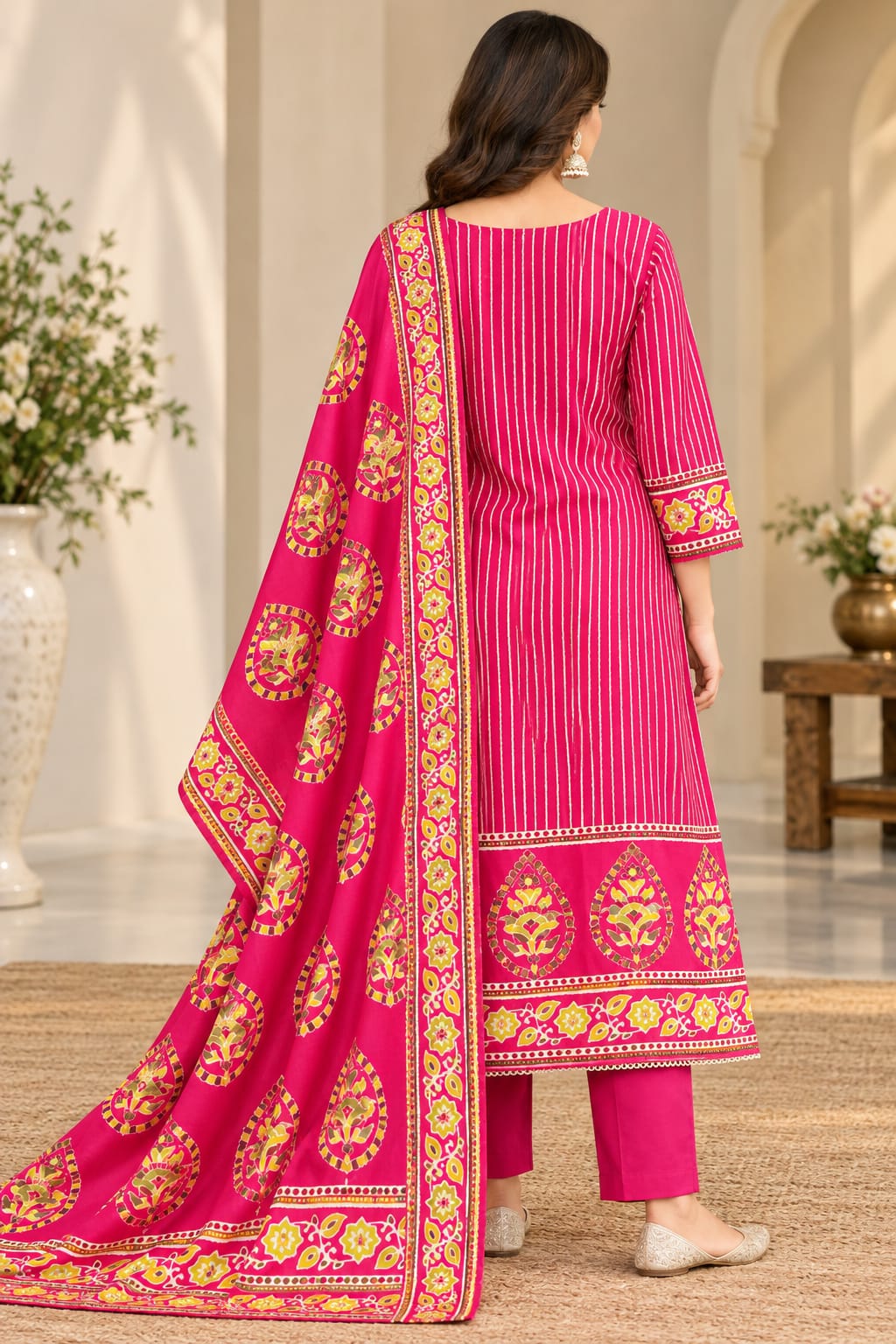 A woman models a bright pink traditional Indian salwar kameez suit with vertical stripes, gold and yellow floral embroidery, and a matching dupatta, set against a warm beige interior background.
