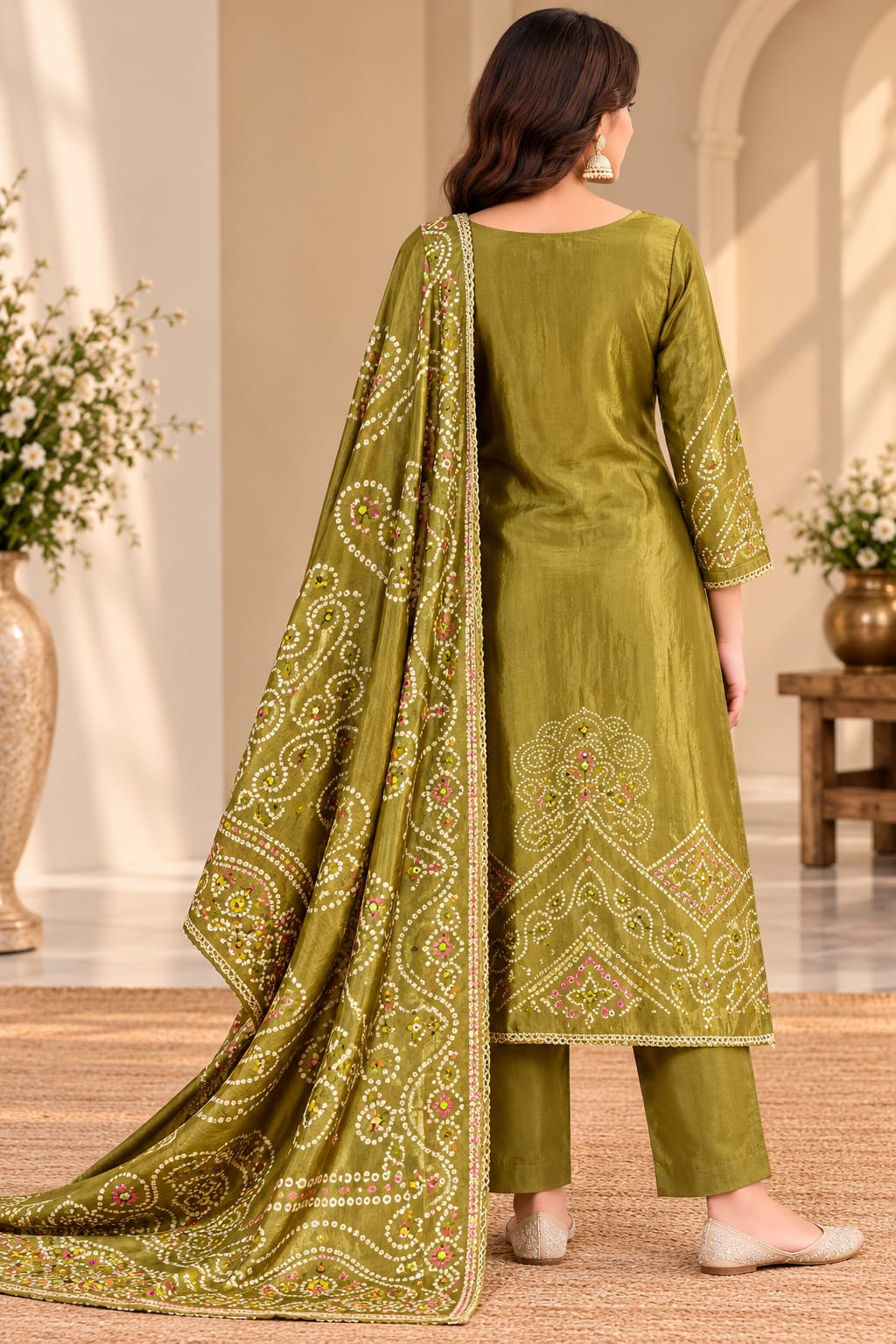 A woman models a traditional olive green salwar kameez suit with intricate gold, beige, and red embroidery, paired with matching trousers and a long embroidered dupatta, set against a warm beige interior background.