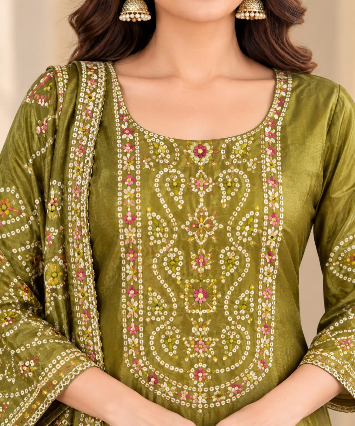 Olive Green Printed Readymade Salwar Suit Set with Matching Pant & Dupatta | Ethnic Wear for Women | Stylish Festive Suit Set