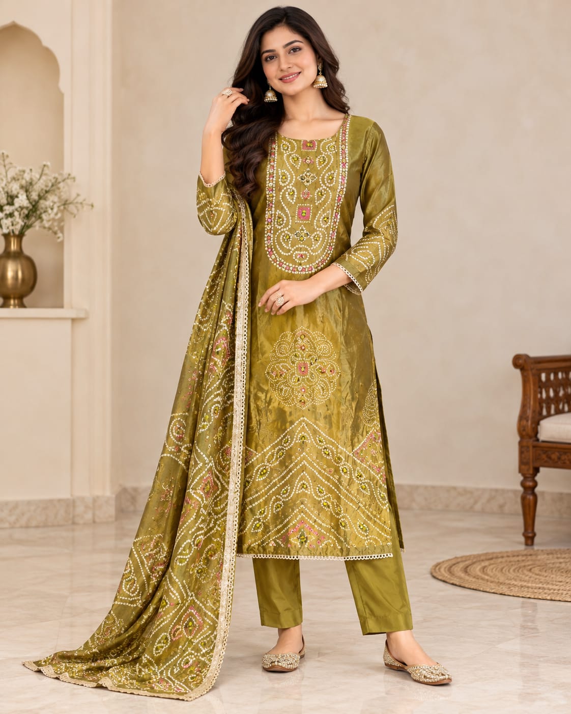 Olive Green Printed Readymade Salwar Suit Set with Matching Pant & Dupatta | Ethnic Wear for Women | Stylish Festive Suit Set