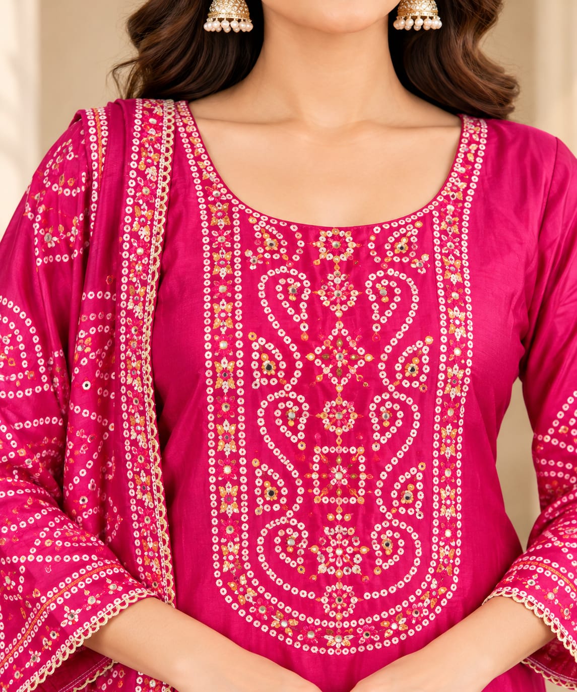 Hot Pink Embroidered Unstitched Suit Set with Matching Dupatta | Designer Ethnic Party Wear Suit for Women