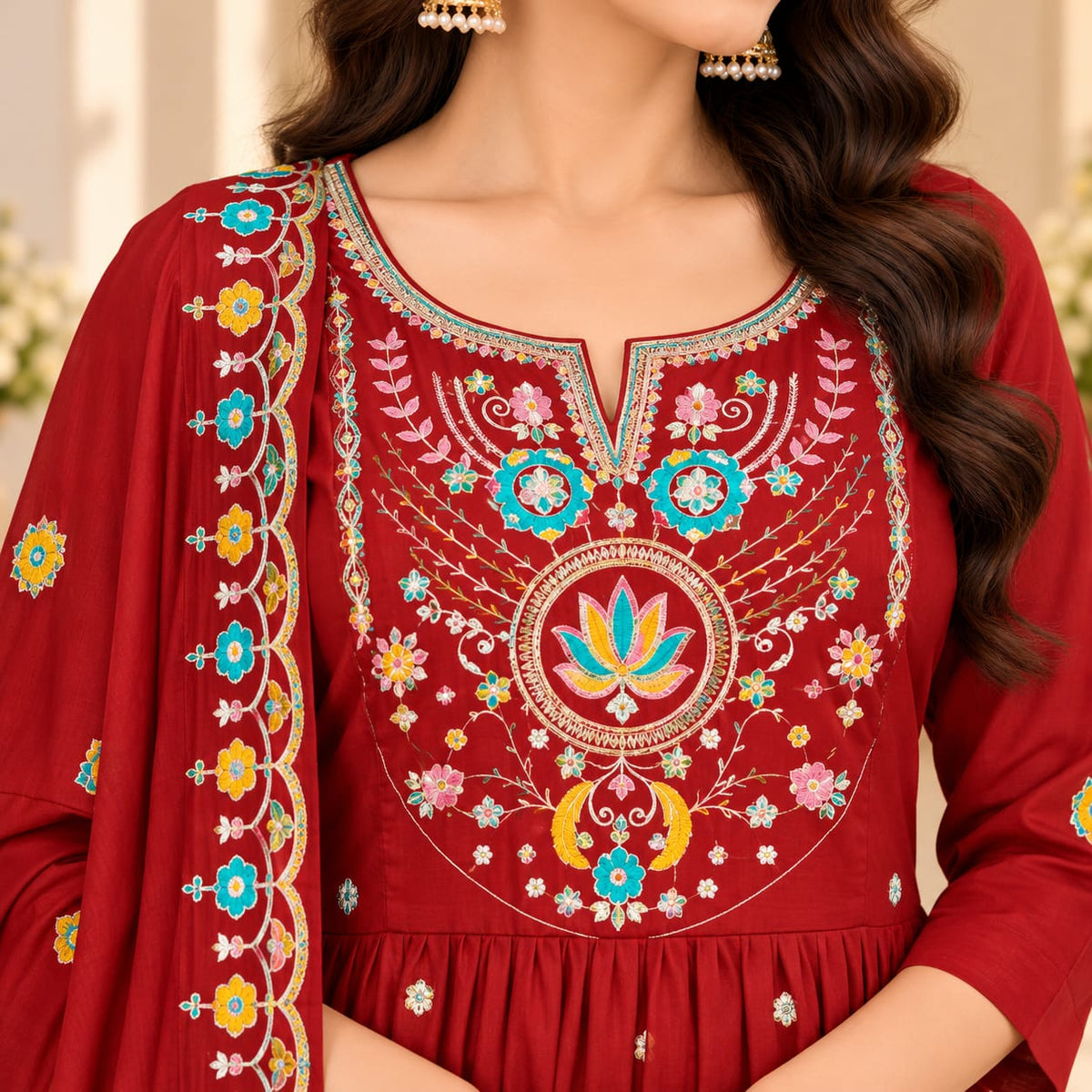 Maroon Embroidered Readymade Anarkali Suit Set with Dupatta | Designer Ethnic Party Wear for Women