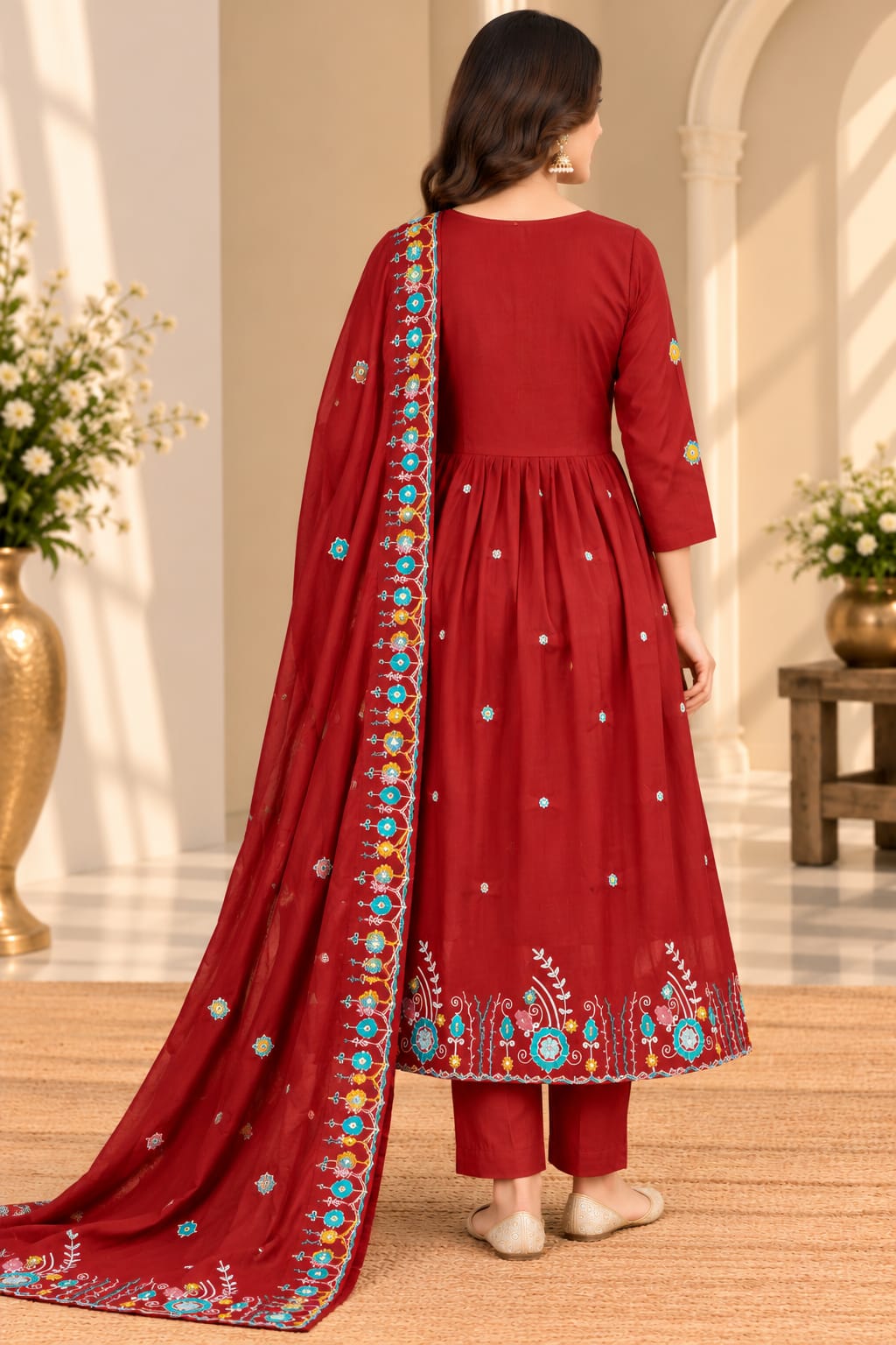 Maroon Embroidered Readymade Anarkali Suit Set with Dupatta | Designer Ethnic Party Wear for Women