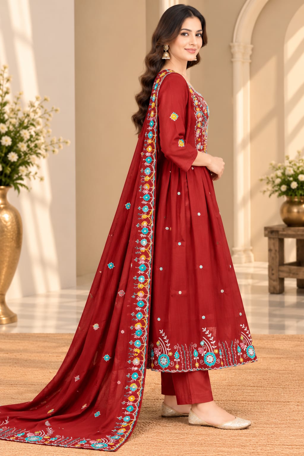Maroon Embroidered Readymade Anarkali Suit Set with Dupatta | Designer Ethnic Party Wear for Women
