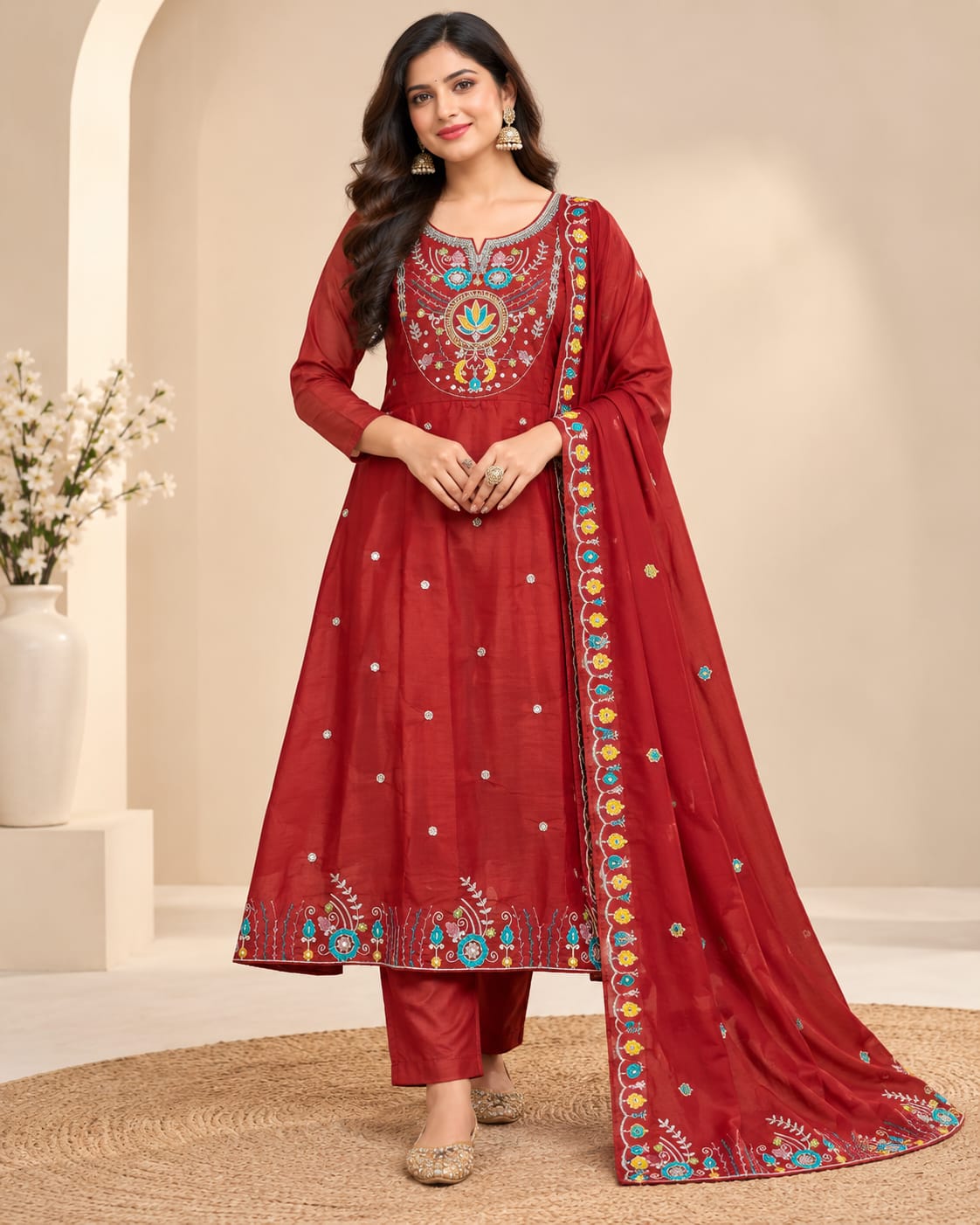 Maroon Embroidered Readymade Anarkali Suit Set with Dupatta | Designer Ethnic Party Wear for Women