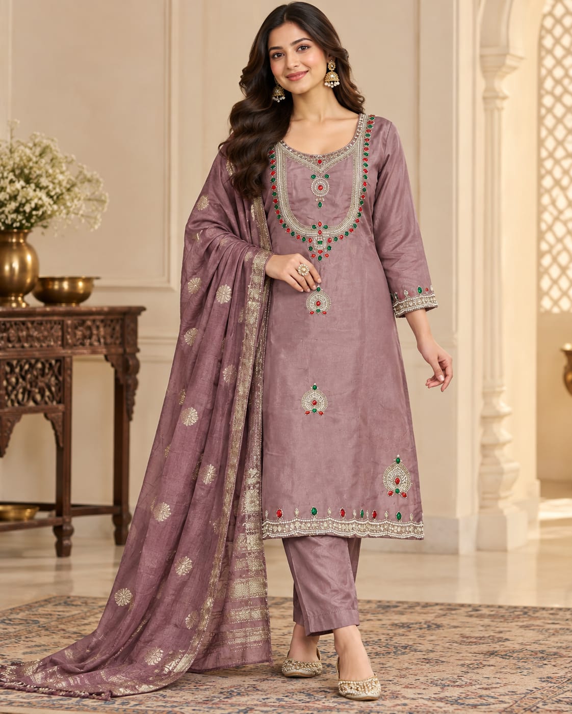 Dusty Mauve Designer Readymade Ladies Suit with Embellished Dupatta | Traditional Ethnic Wear Set