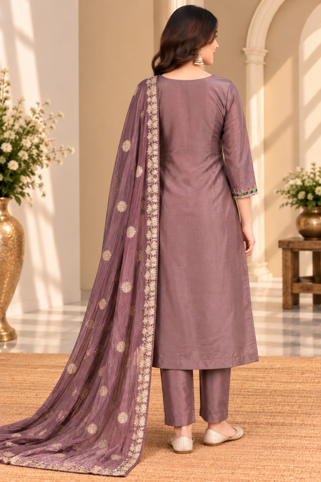 Dusty Mauve Designer Readymade Ladies Suit with Embellished Dupatta | Traditional Ethnic Wear Set