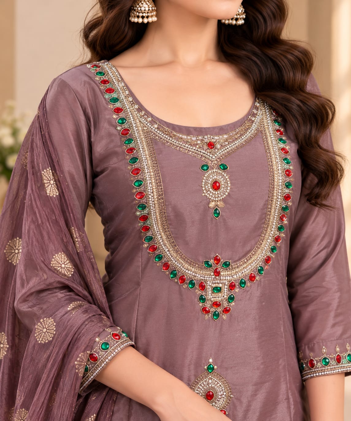 Dusty Mauve Designer Readymade Ladies Suit with Embellished Dupatta | Traditional Ethnic Wear Set