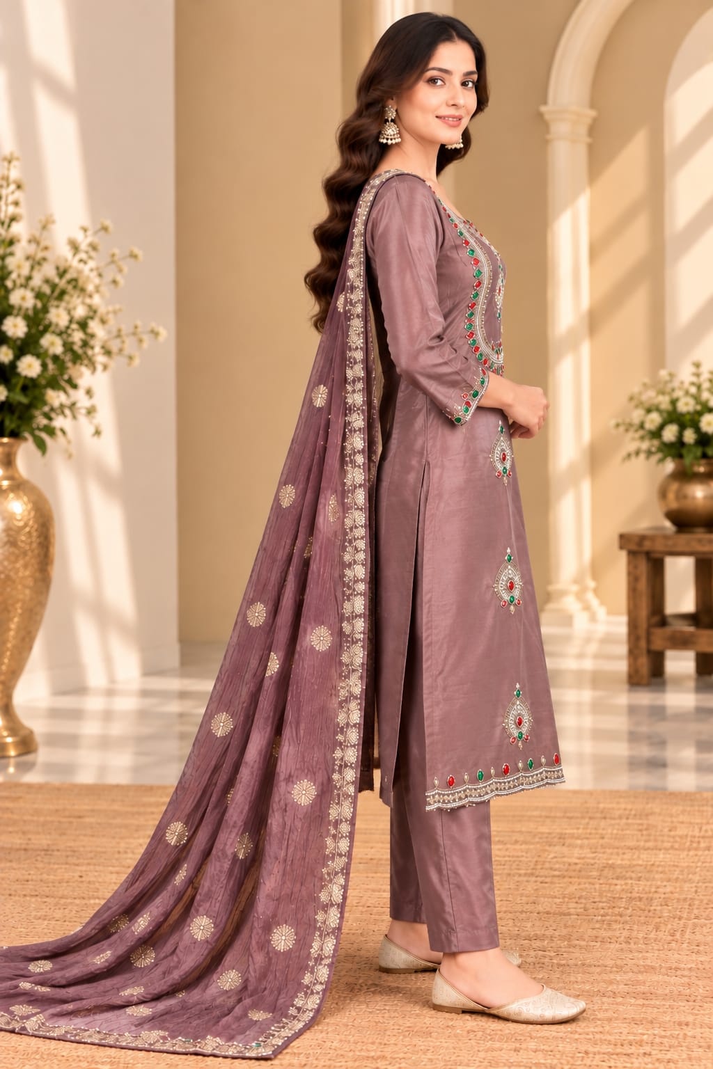 Dusty Mauve Designer Readymade Ladies Suit with Embellished Dupatta | Traditional Ethnic Wear Set