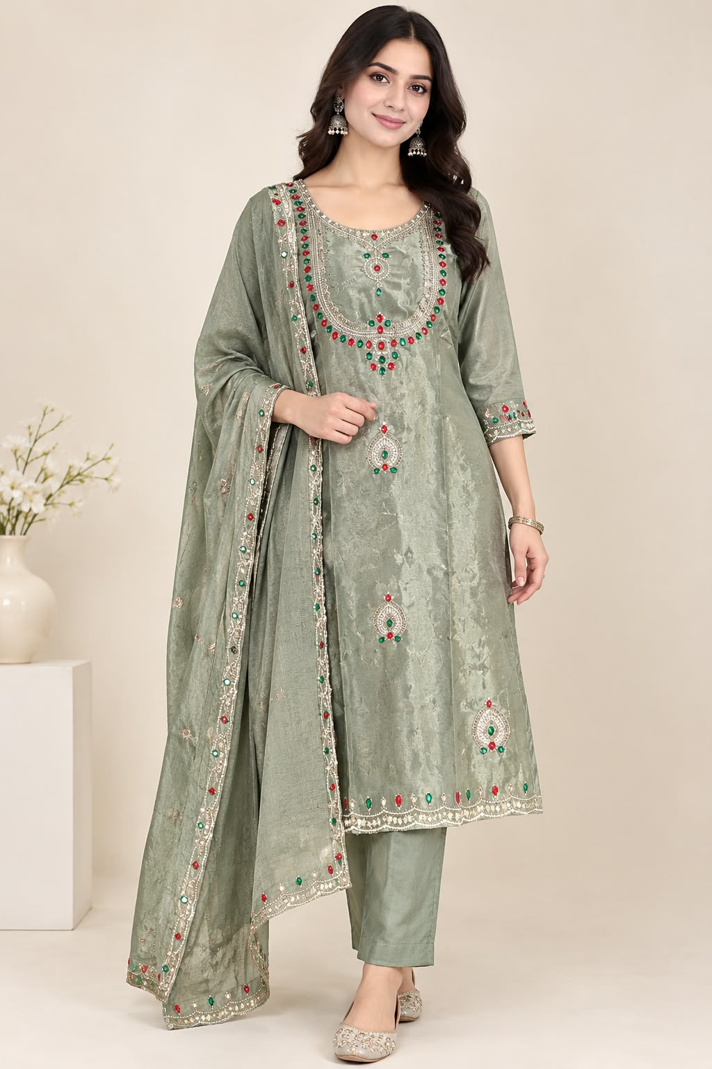 A woman models a sage green ethnic salwar kameez suit set with matching dupatta. The kurta features intricate silver zari embroidery and colorful red and green bead embellishments around the neckline and hem, paired with matching sage green trousers and a coordinating dupatta.