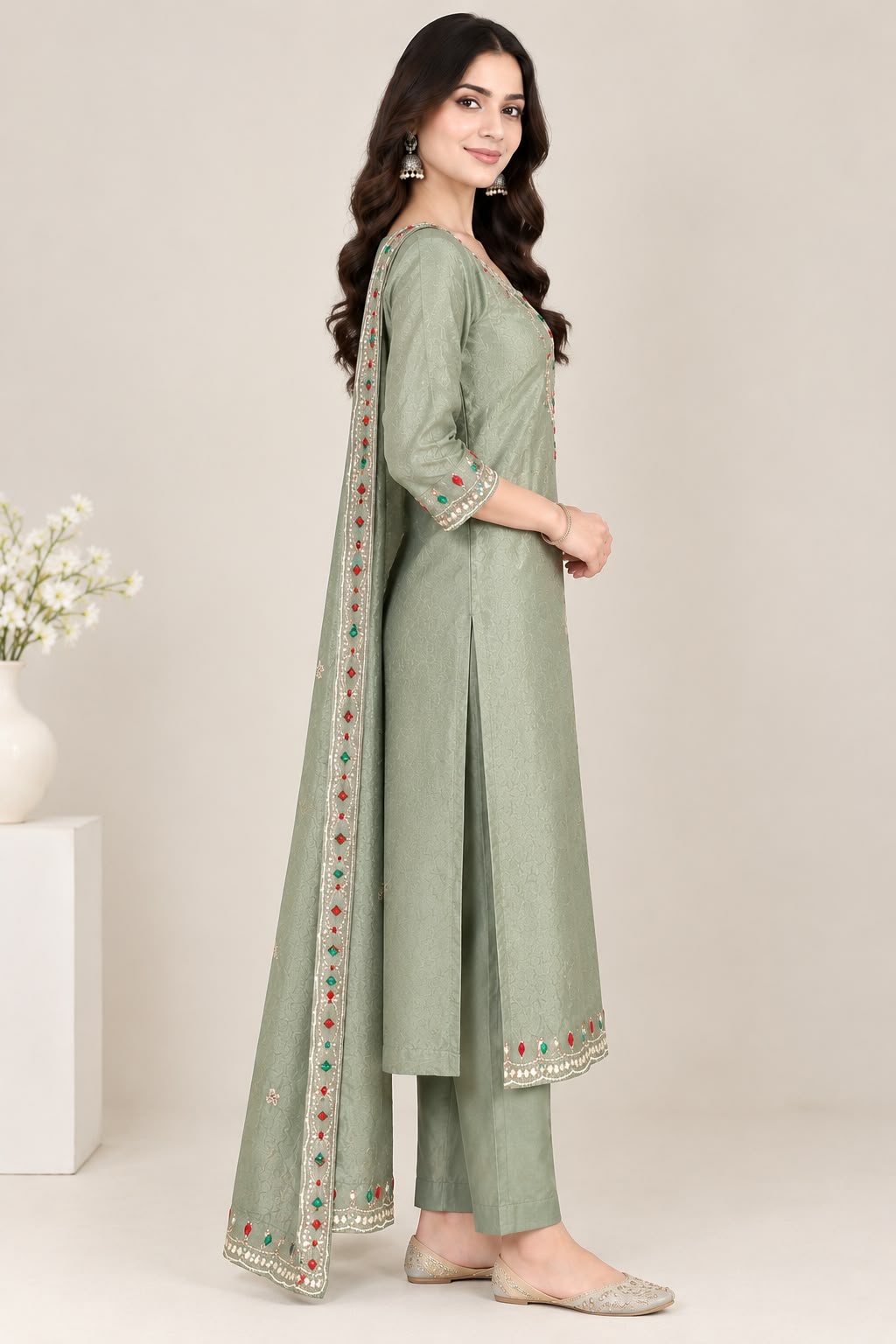 A woman models a sage green ethnic salwar kameez suit set with matching dupatta. The kurta features intricate silver zari embroidery and colorful red and green bead embellishments around the neckline and hem, paired with matching sage green trousers and a coordinating dupatta.
