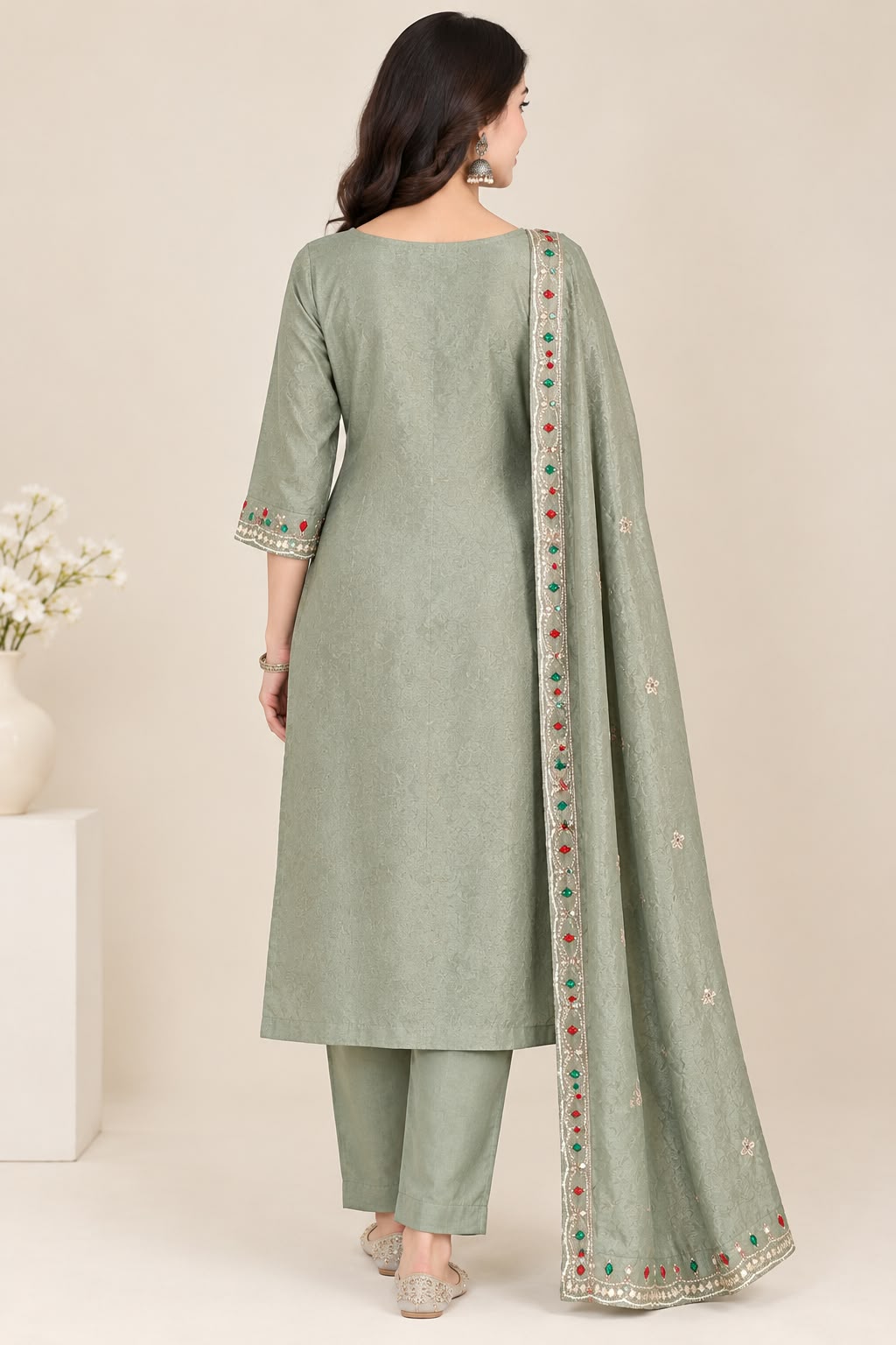 A woman models a sage green ethnic salwar kameez suit set with matching dupatta. The kurta features intricate silver zari embroidery and colorful red and green bead embellishments around the neckline and hem, paired with matching sage green trousers and a coordinating dupatta.