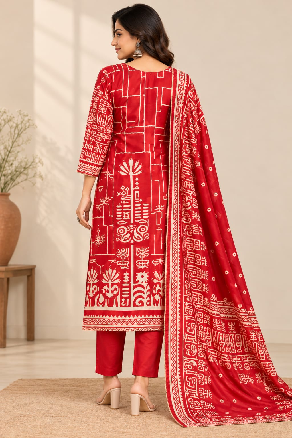 Red Printed Readymade Salwar Suit Set with Matching Pant & Dupatta | Ethnic Wear for Women | Traditional Printed Kurti Set