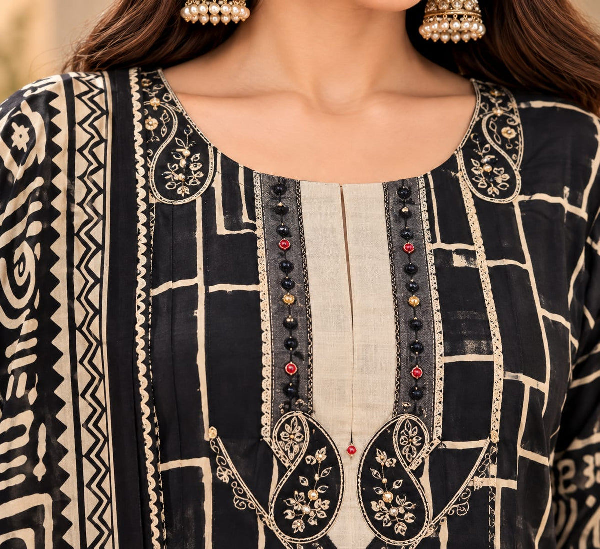 Black & Beige Printed Readymade Salwar Suit Set with Matching Pant & Dupatta | Stylish Ethnic Wear for Women | Designer Printed Kurti Set