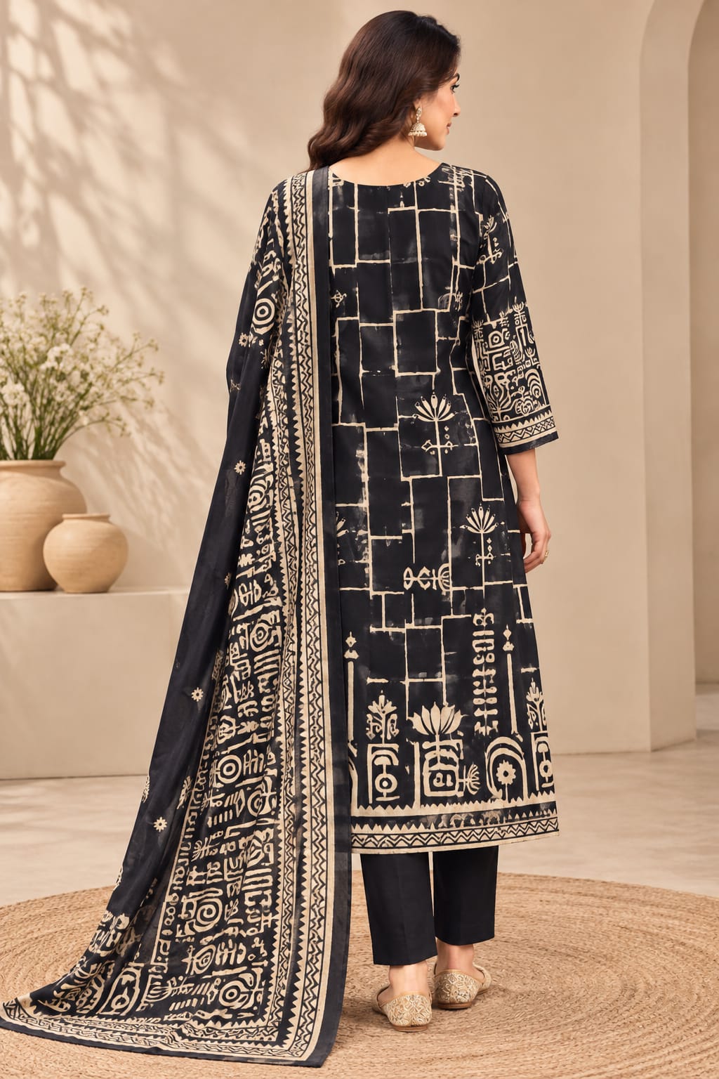 Black & Beige Printed Readymade Salwar Suit Set with Matching Pant & Dupatta | Stylish Ethnic Wear for Women | Designer Printed Kurti Set