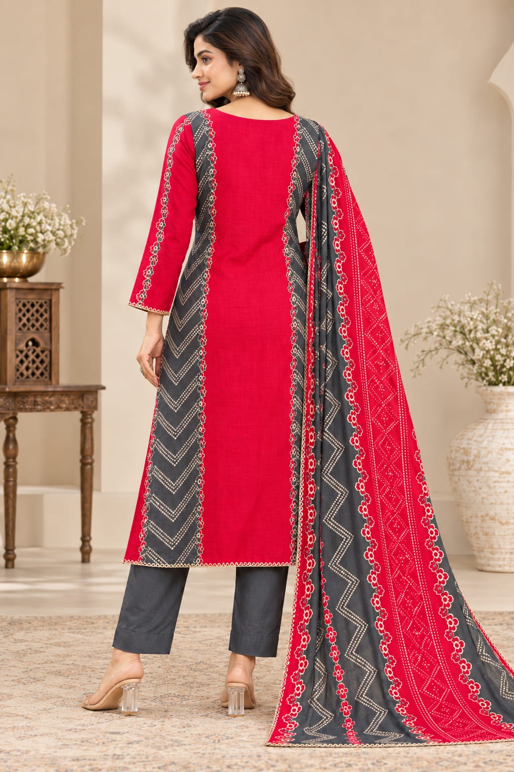 Women’s Red & Black Gajji Silk Readymade Suit Set with Printed Dupatta | Designer Ethnic Wear for Women