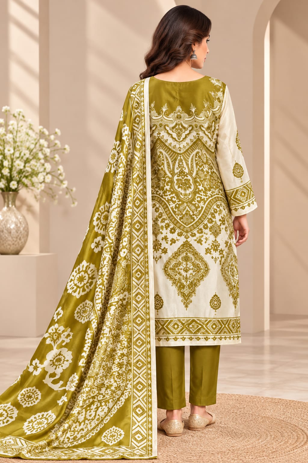 Premium Olive Green Gajji Silk Readymade Suit Set with Ethnic Printed Dupatta for Women