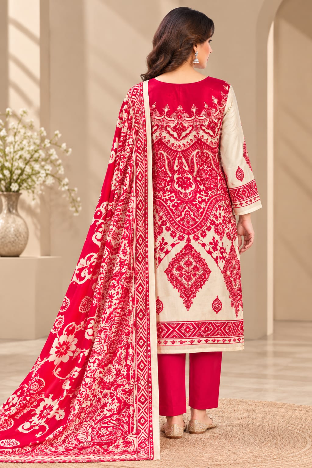 Premium Pink & Cream Printed Readymade Suit Set with Matching Dupatta & Straight Pants for Women