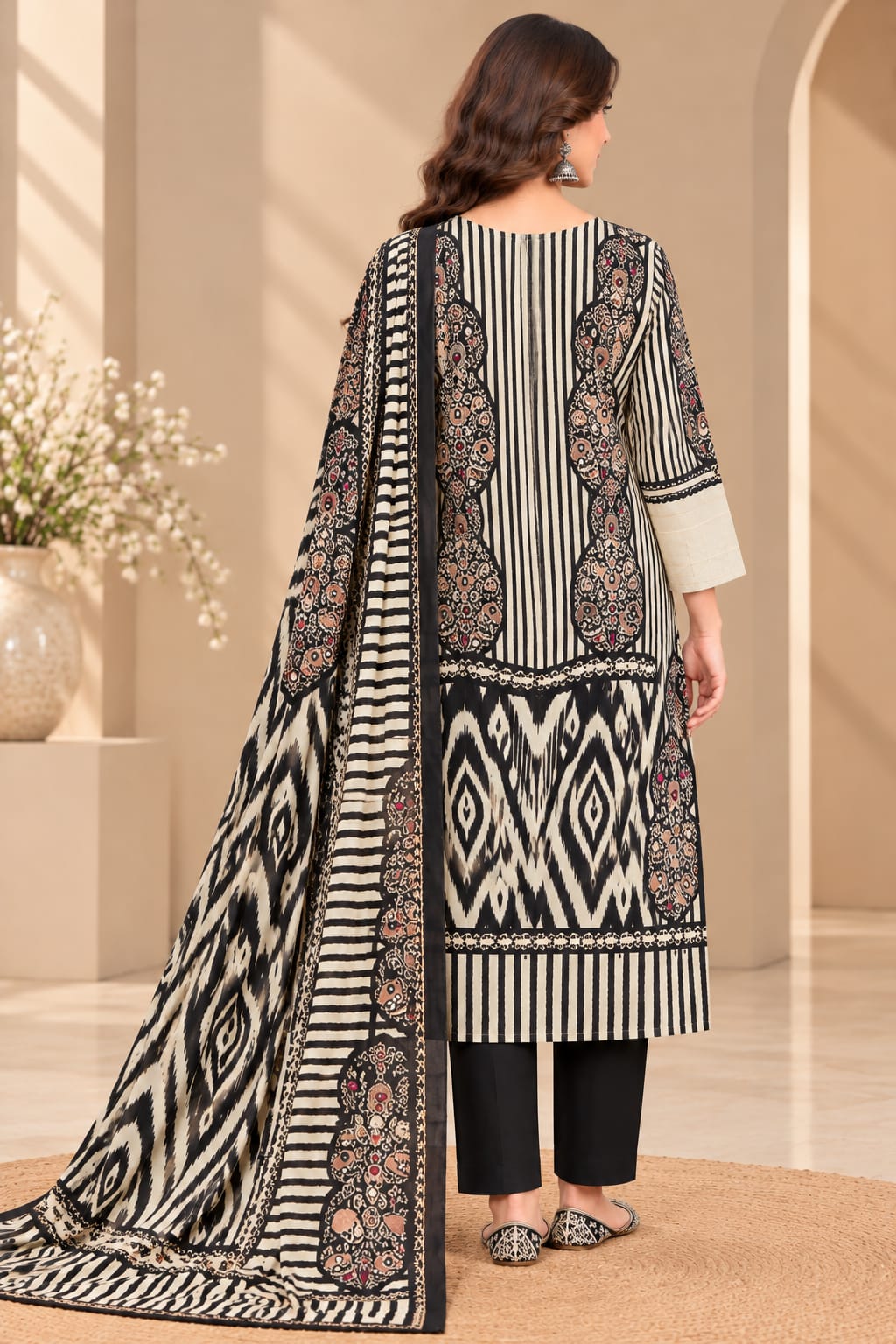 Black & Beige Printed Readymade Kurta Pant Set with Designer Dupatta