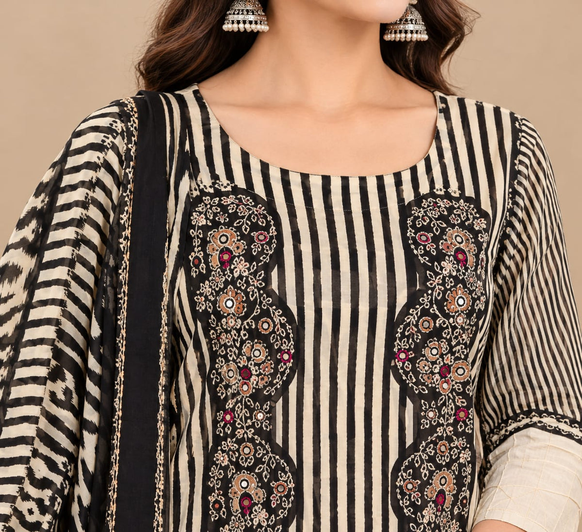 Black & Beige Printed Readymade Kurta Pant Set with Designer Dupatta