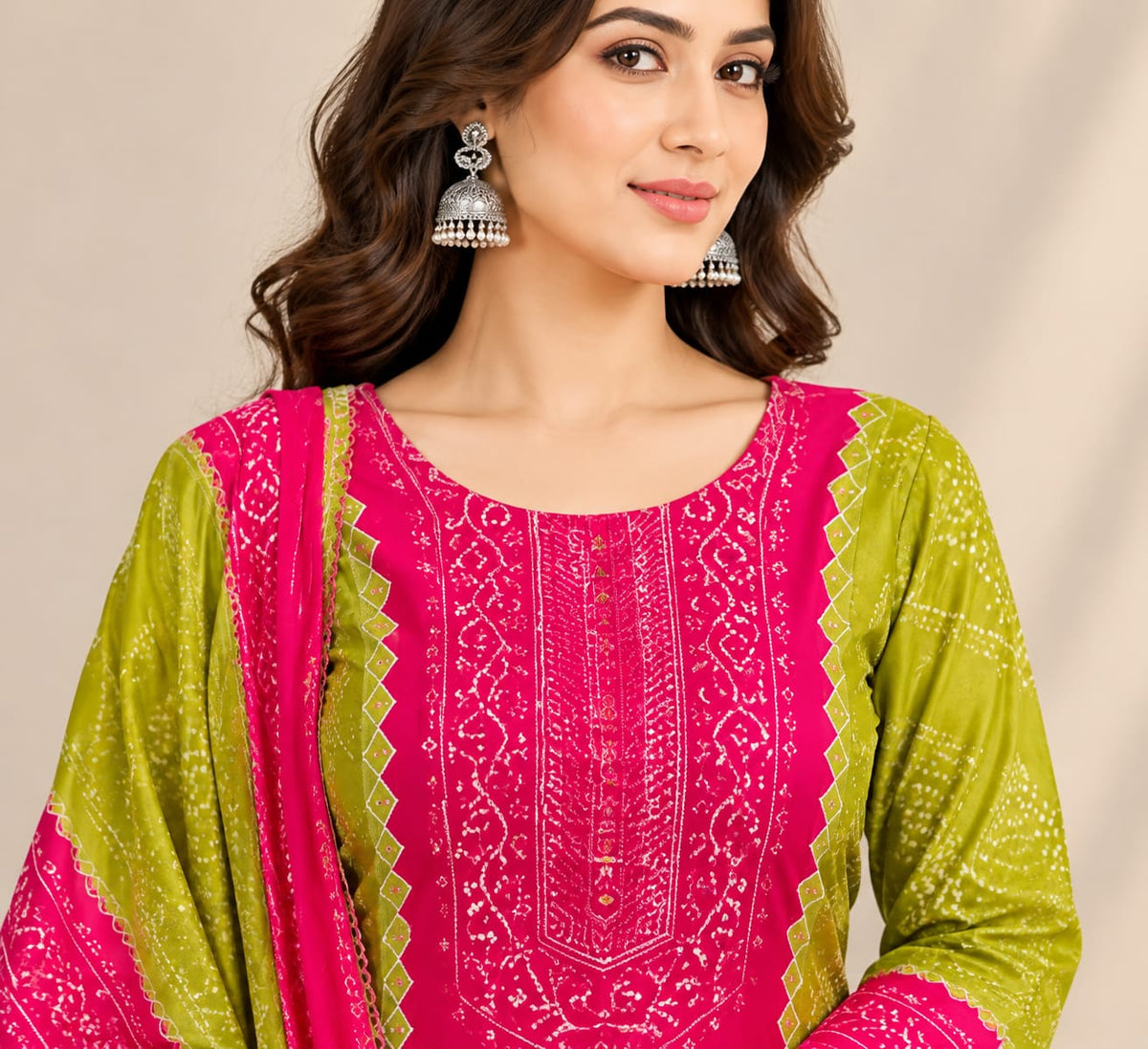 Women’s Rani Pink & Olive Green Gajji Silk Readymade Suit Set with Printed Dupatta | Designer Salwar Suit for Women