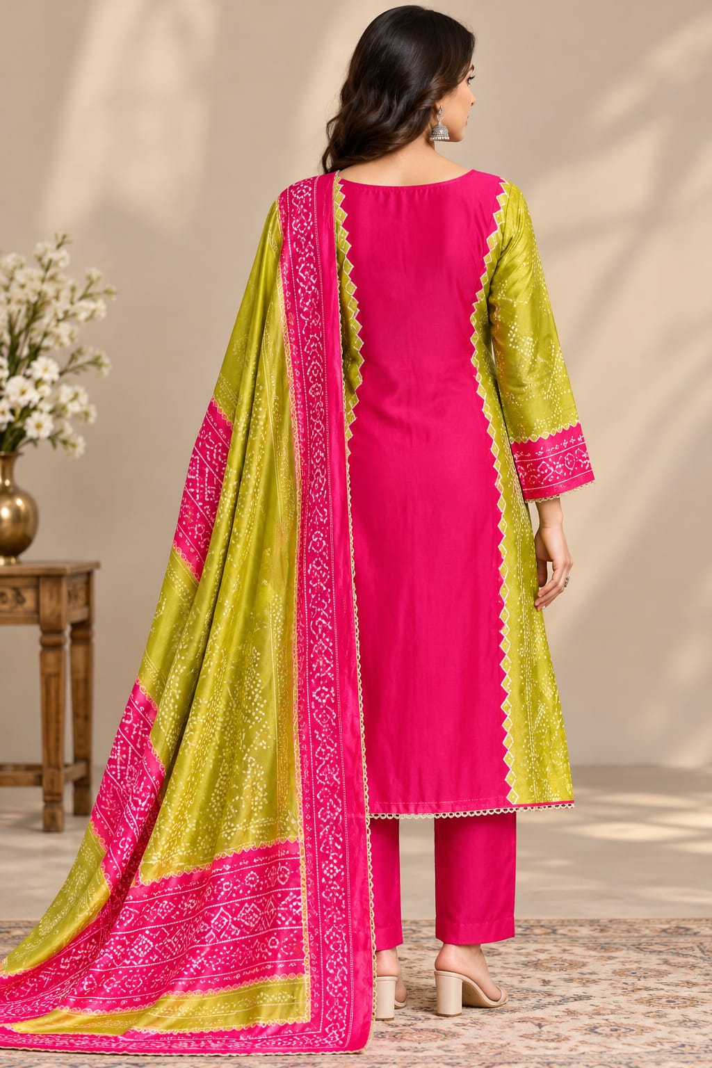 Women’s Rani Pink & Olive Green Gajji Silk Readymade Suit Set with Printed Dupatta | Designer Salwar Suit for Women