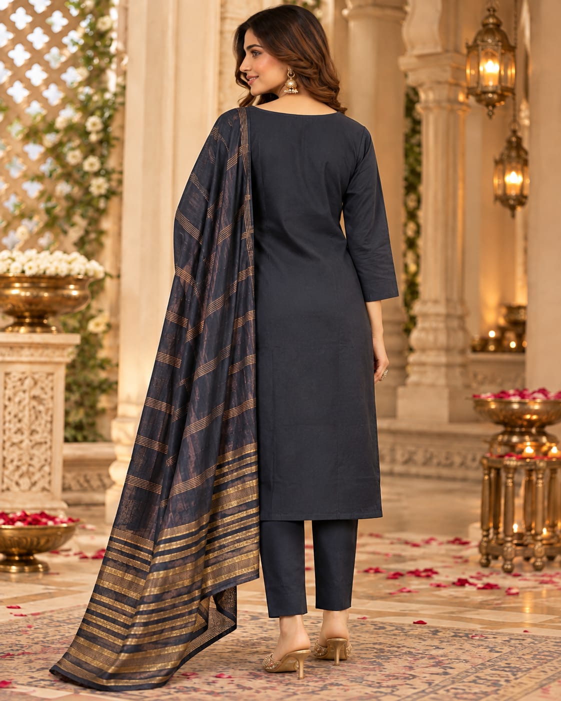 Women’s Charcoal Grey Embroidered Readymade Suit Set with Mustard Floral Work & Striped Dupatta | Designer Salwar Suit for Women