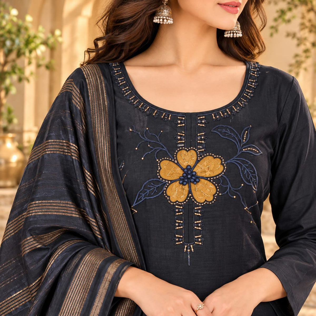Women’s Charcoal Grey Embroidered Readymade Suit Set with Mustard Floral Work & Striped Dupatta | Designer Salwar Suit for Women