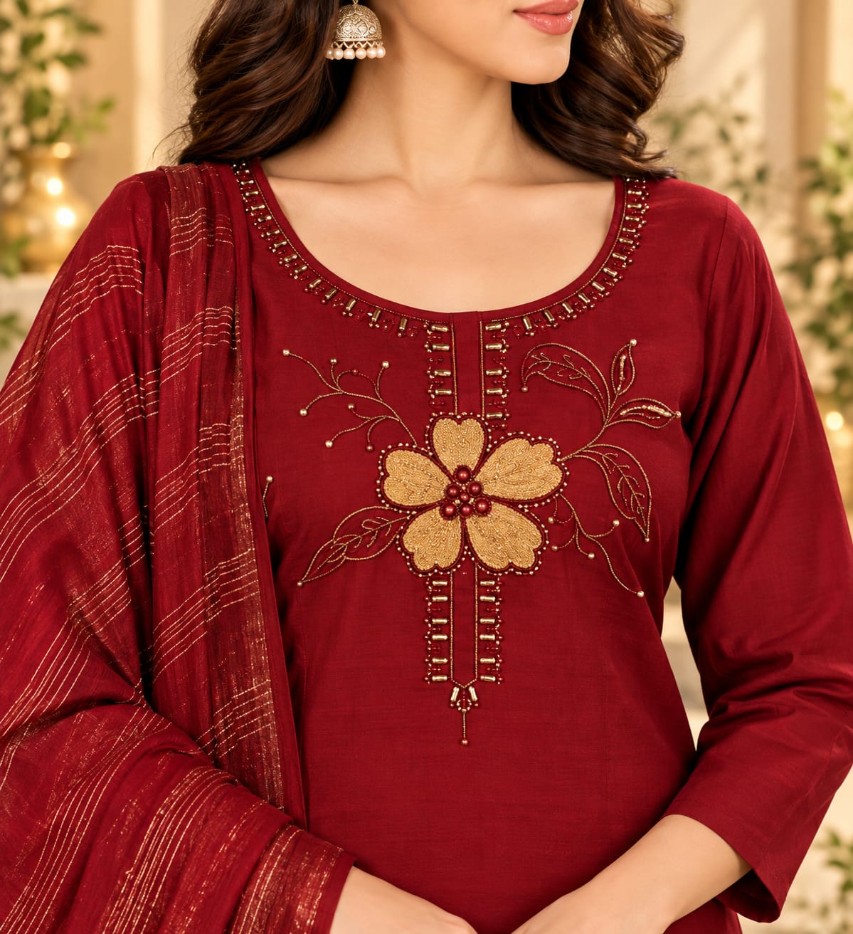 Women’s Maroon Embroidered Readymade Suit Set with Mustard Floral Work & Striped Dupatta | Designer Salwar Suit for Women