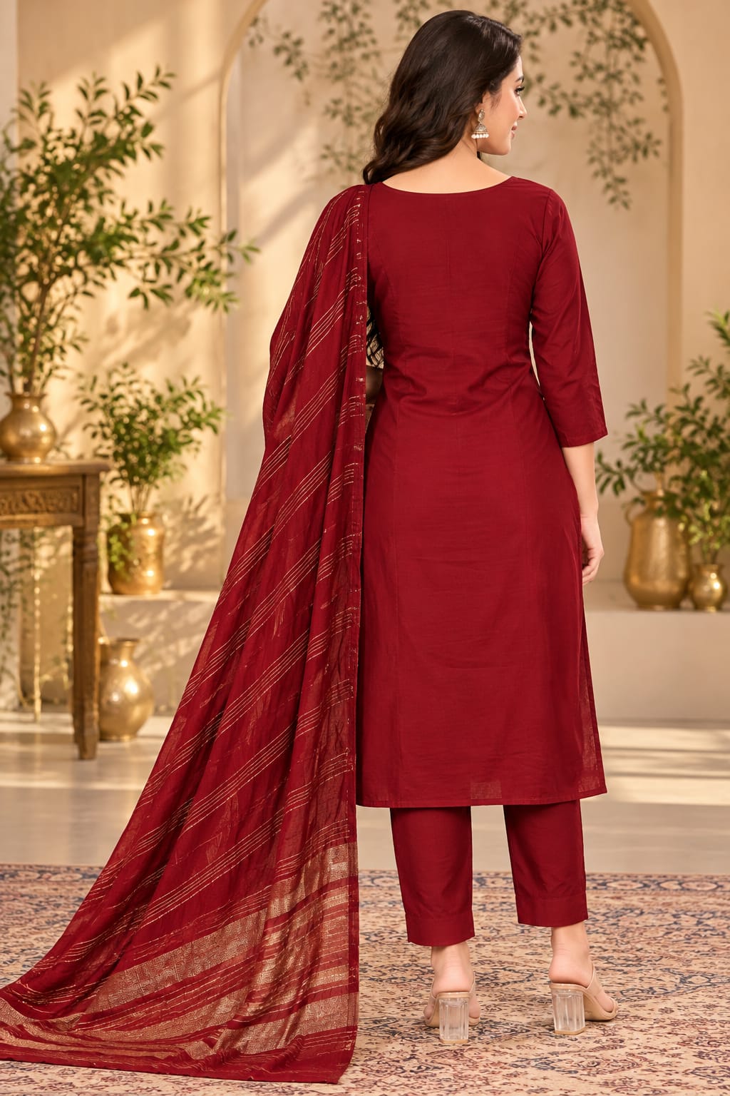 Women’s Maroon Embroidered Readymade Suit Set with Mustard Floral Work & Striped Dupatta | Designer Salwar Suit for Women