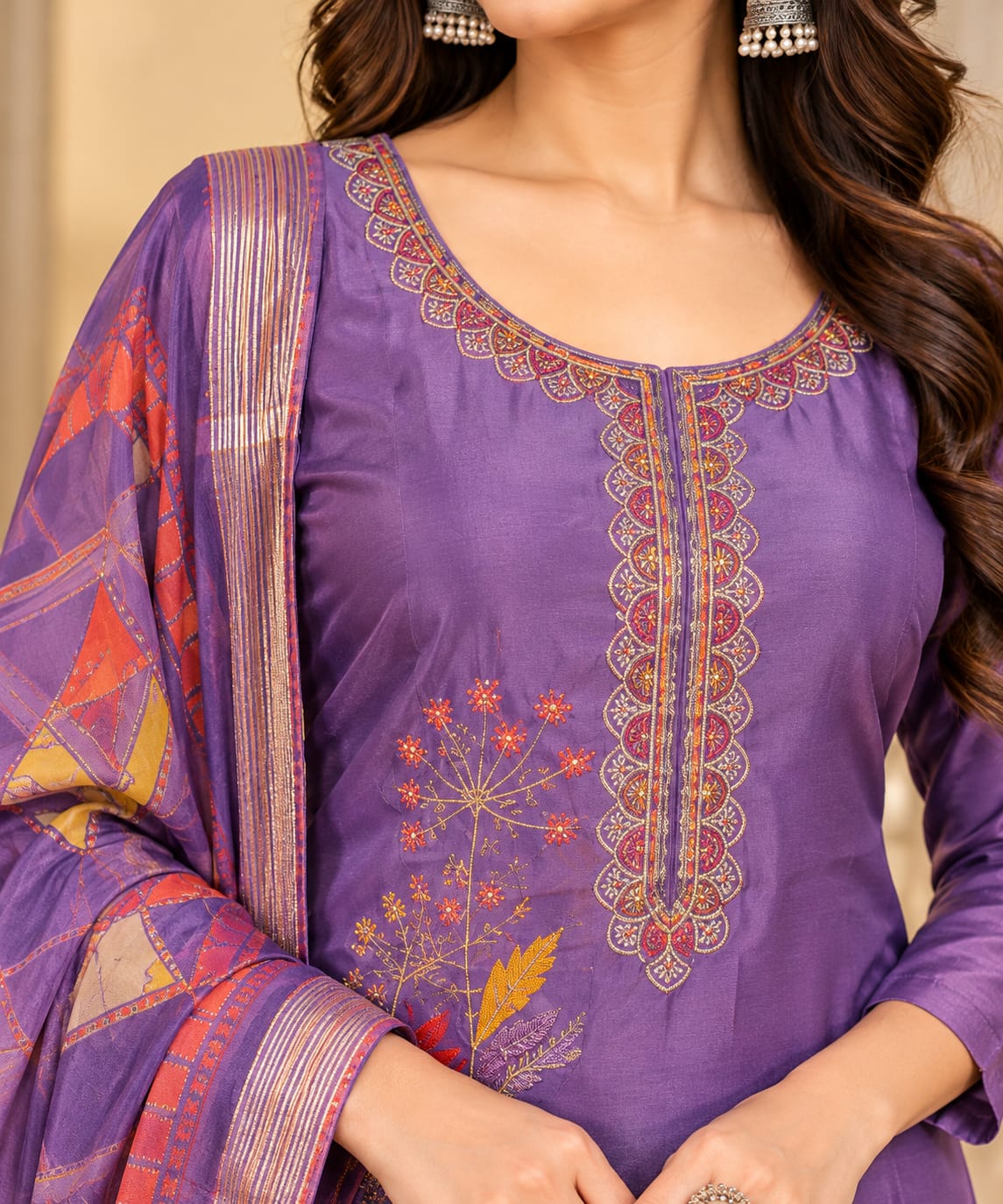 Women’s Royal Purple Floral Embroidered Readymade Suit Set with Matching Pants & Multicolor Geometric Print Dupatta | Designer Salwar Suit for Women
