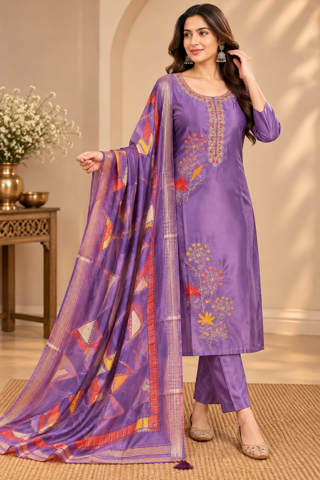 Women’s Royal Purple Floral Embroidered Readymade Suit Set with Matching Pants & Multicolor Geometric Print Dupatta | Designer Salwar Suit for Women