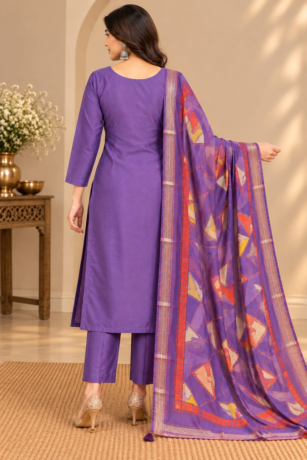 Women’s Royal Purple Floral Embroidered Readymade Suit Set with Matching Pants & Multicolor Geometric Print Dupatta | Designer Salwar Suit for Women